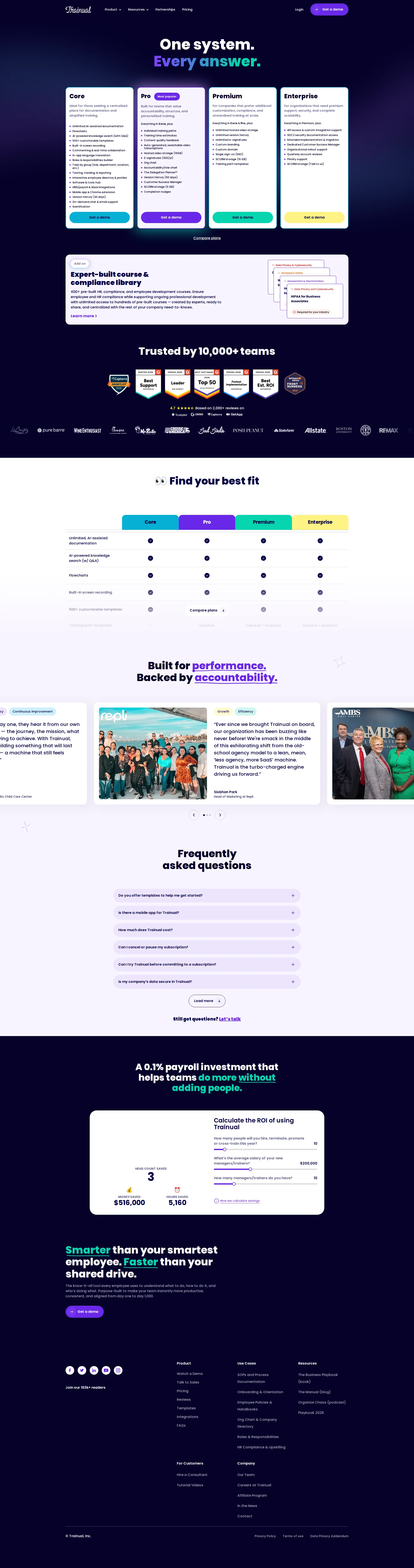 Trainual pricing page screenshot