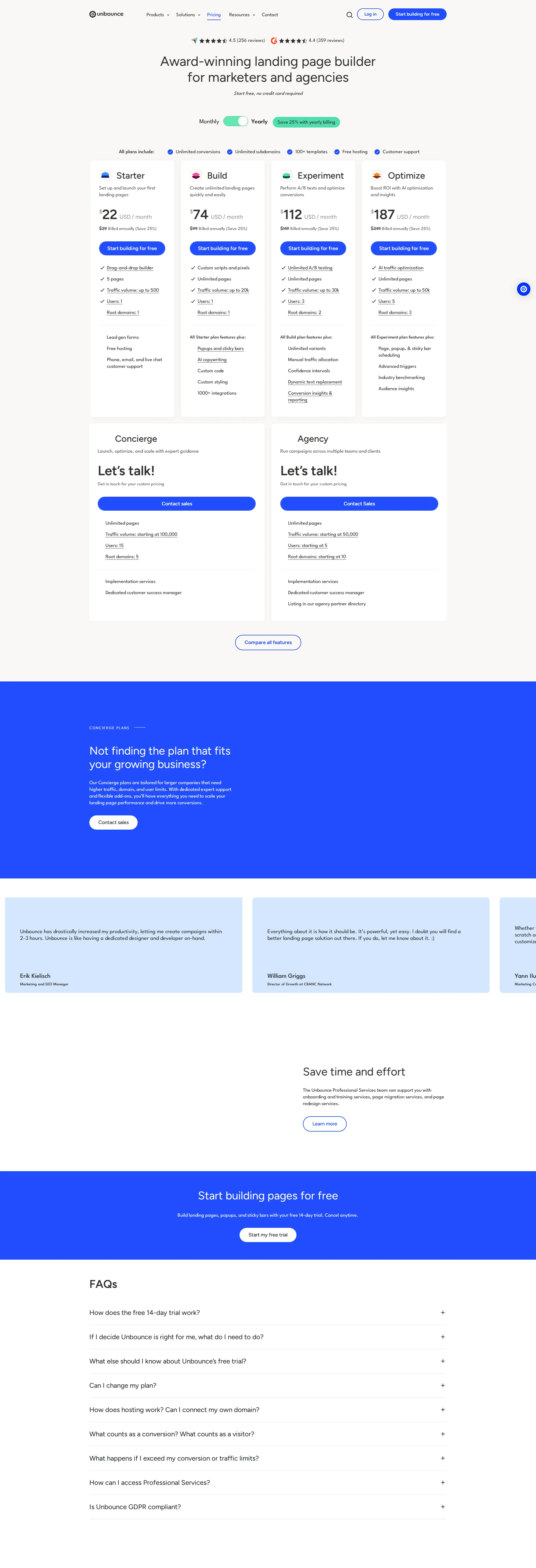 Unbounce pricing page screenshot