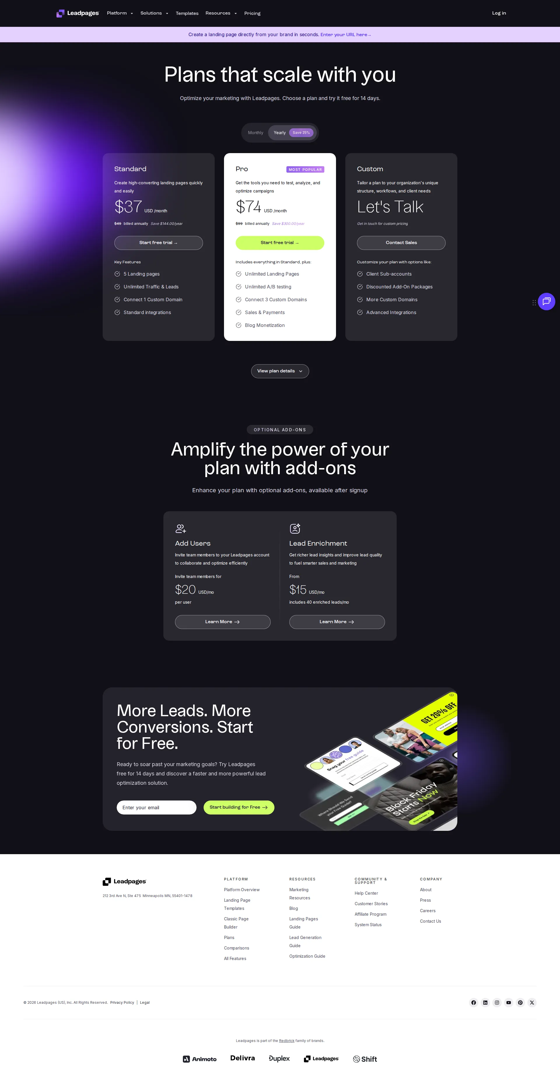 Leadpages pricing page screenshot