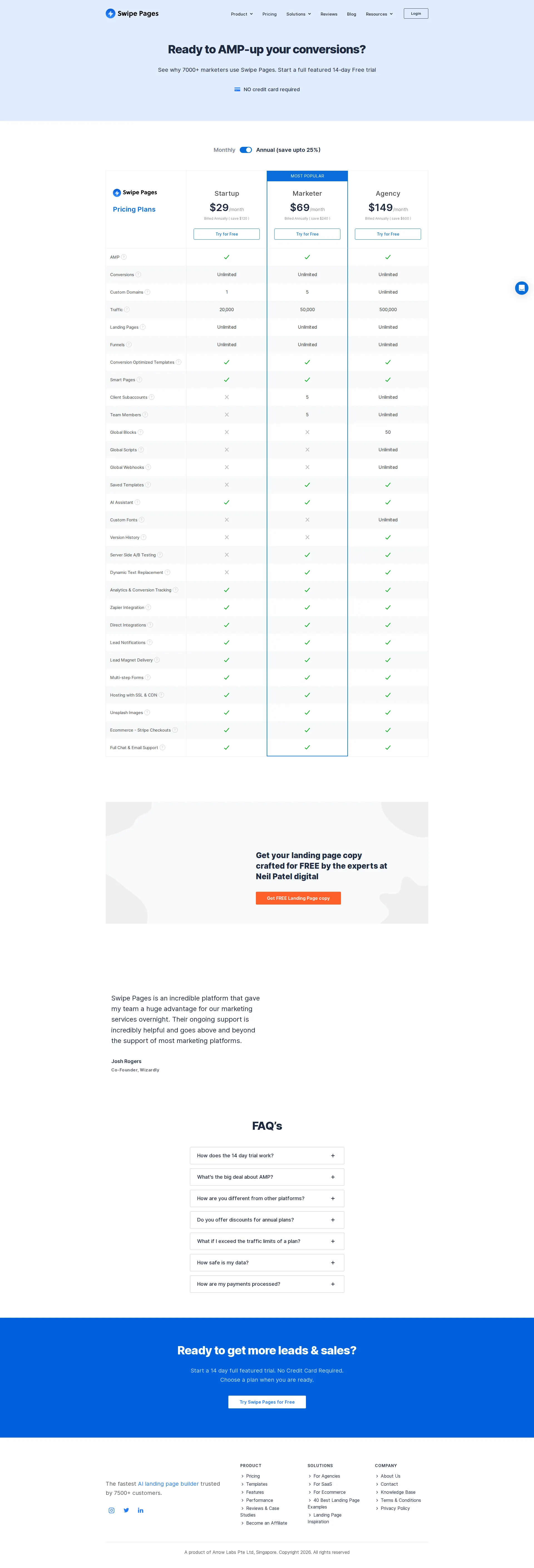 Swipe Pages pricing page screenshot