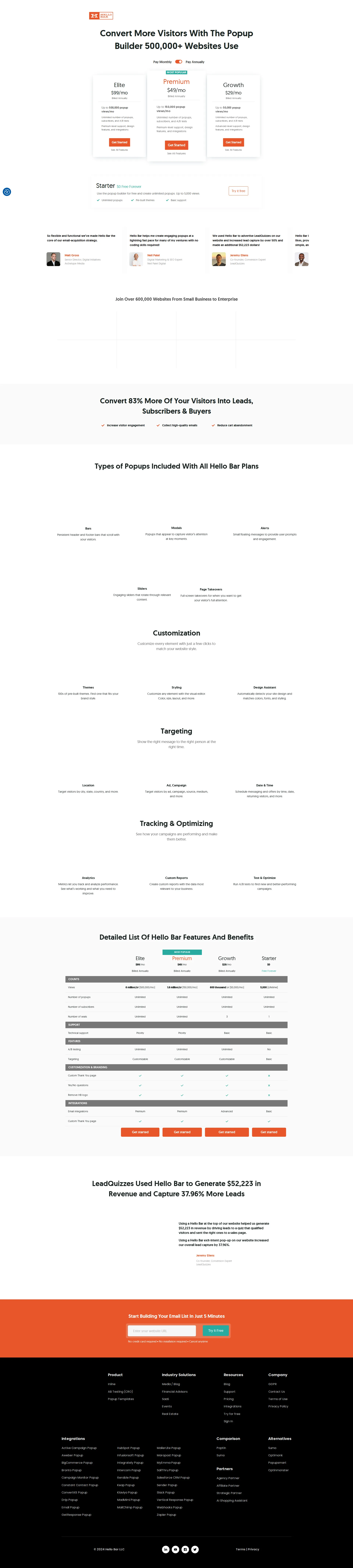 Hello Bar pricing page screenshot