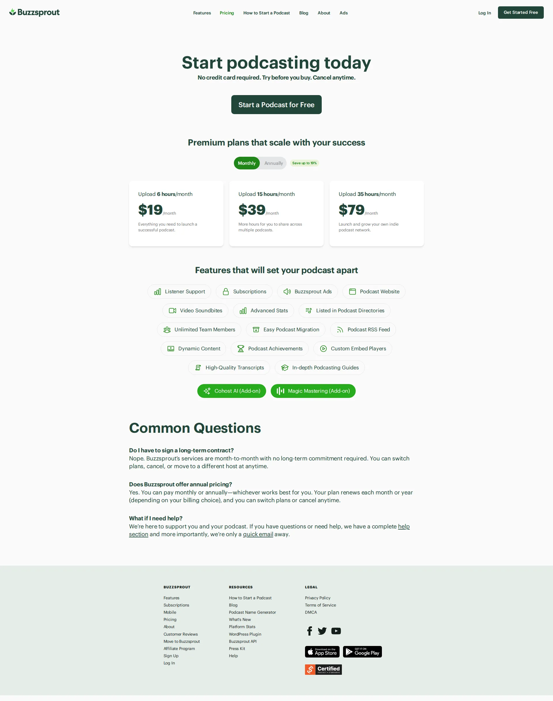 Buzzsprout pricing page screenshot