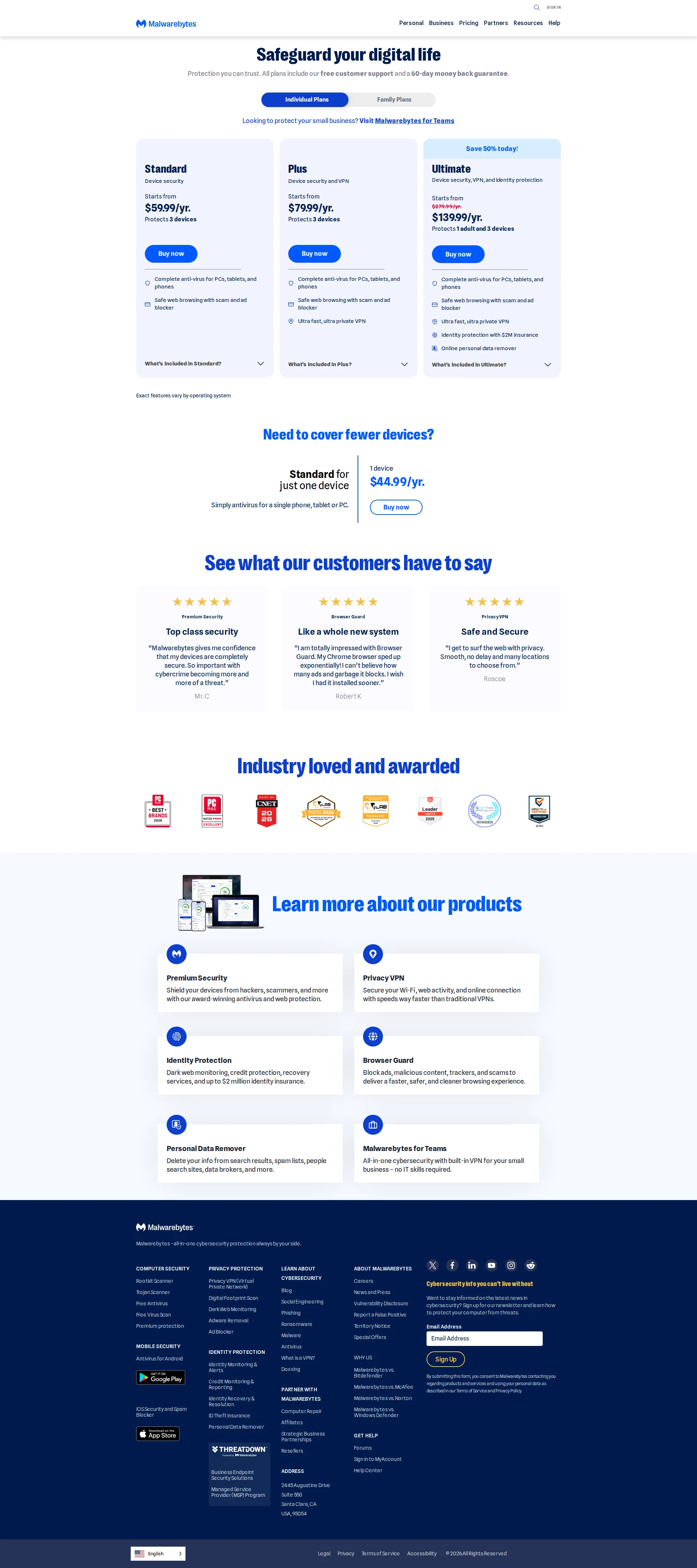 Malwarebytes pricing page screenshot