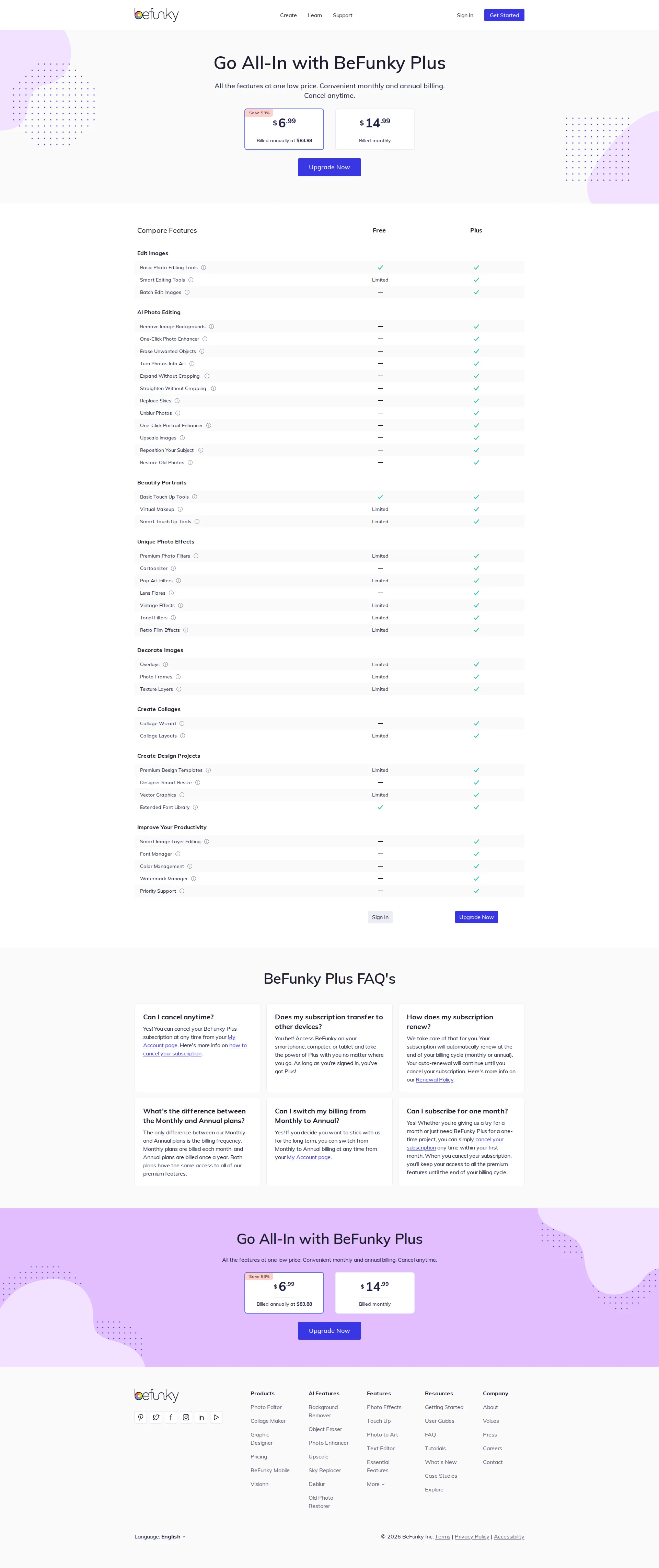 BeFunky pricing page screenshot