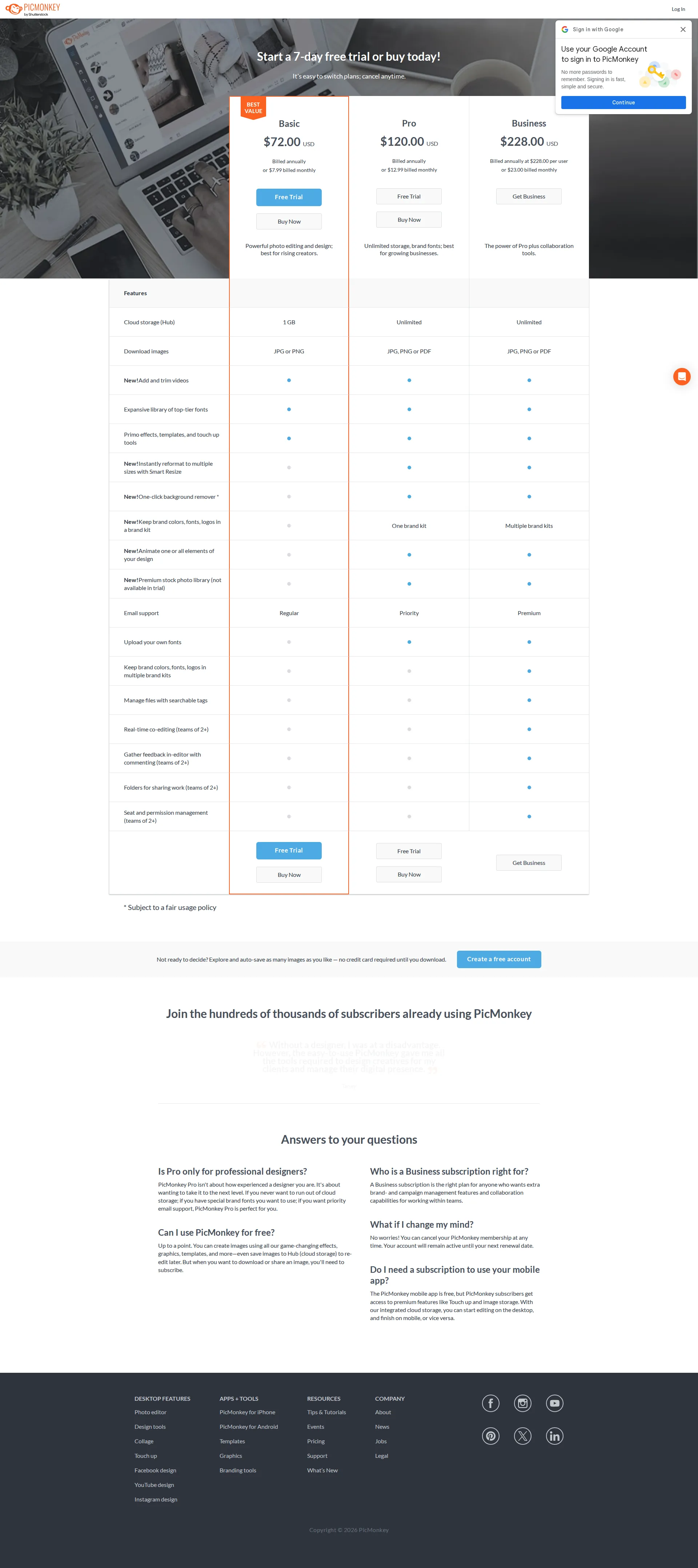 PicMonkey pricing page screenshot