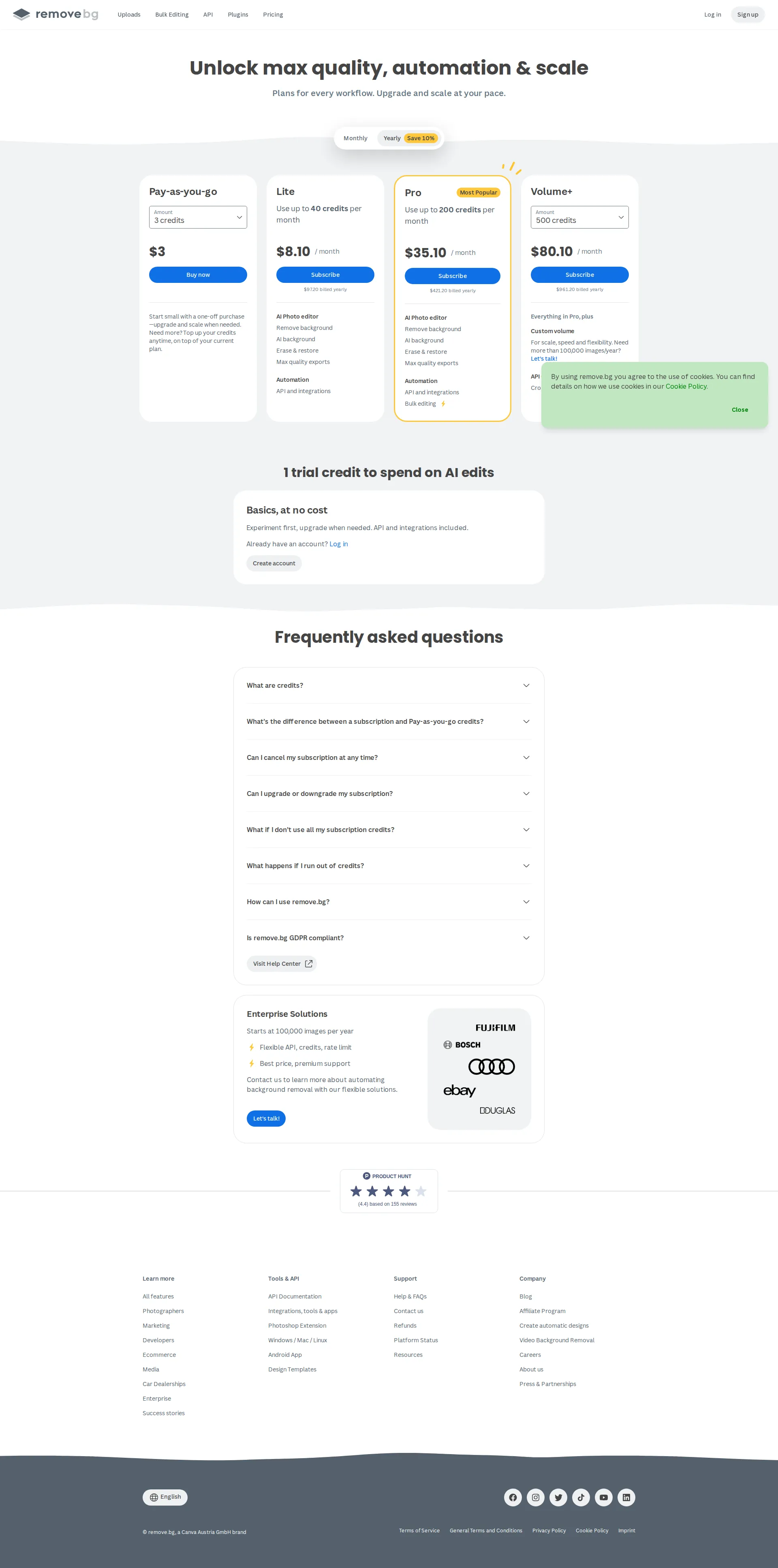 Remove.bg pricing page screenshot