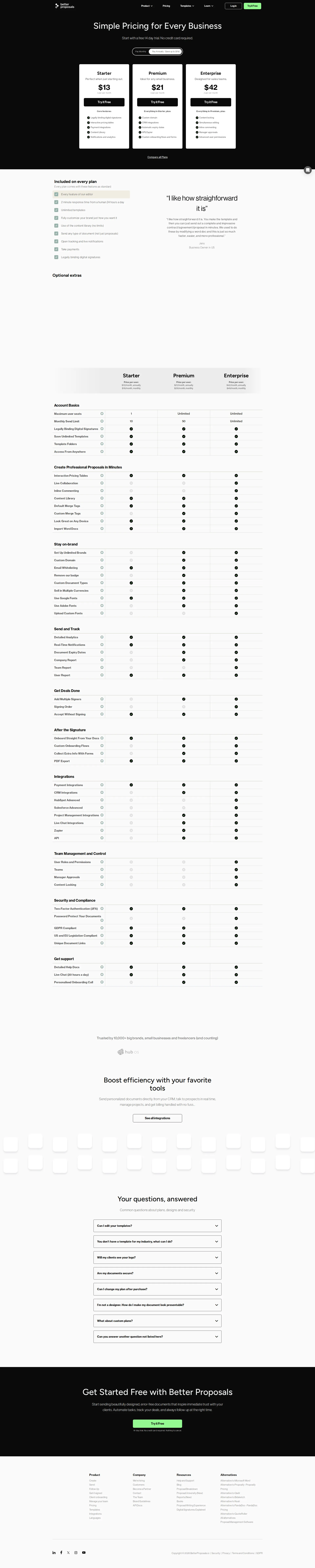 Better Proposals pricing page screenshot