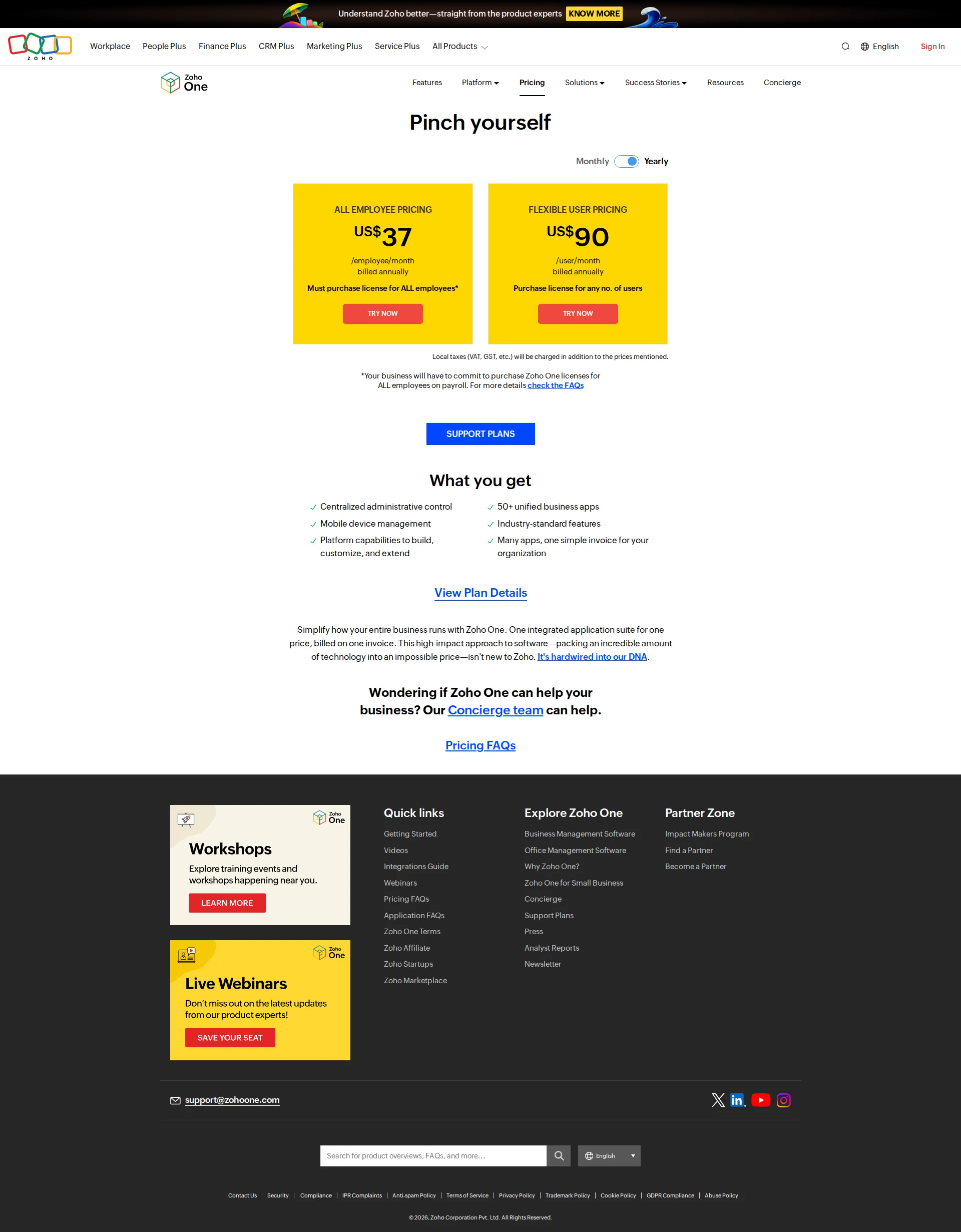 Zoho One pricing page screenshot