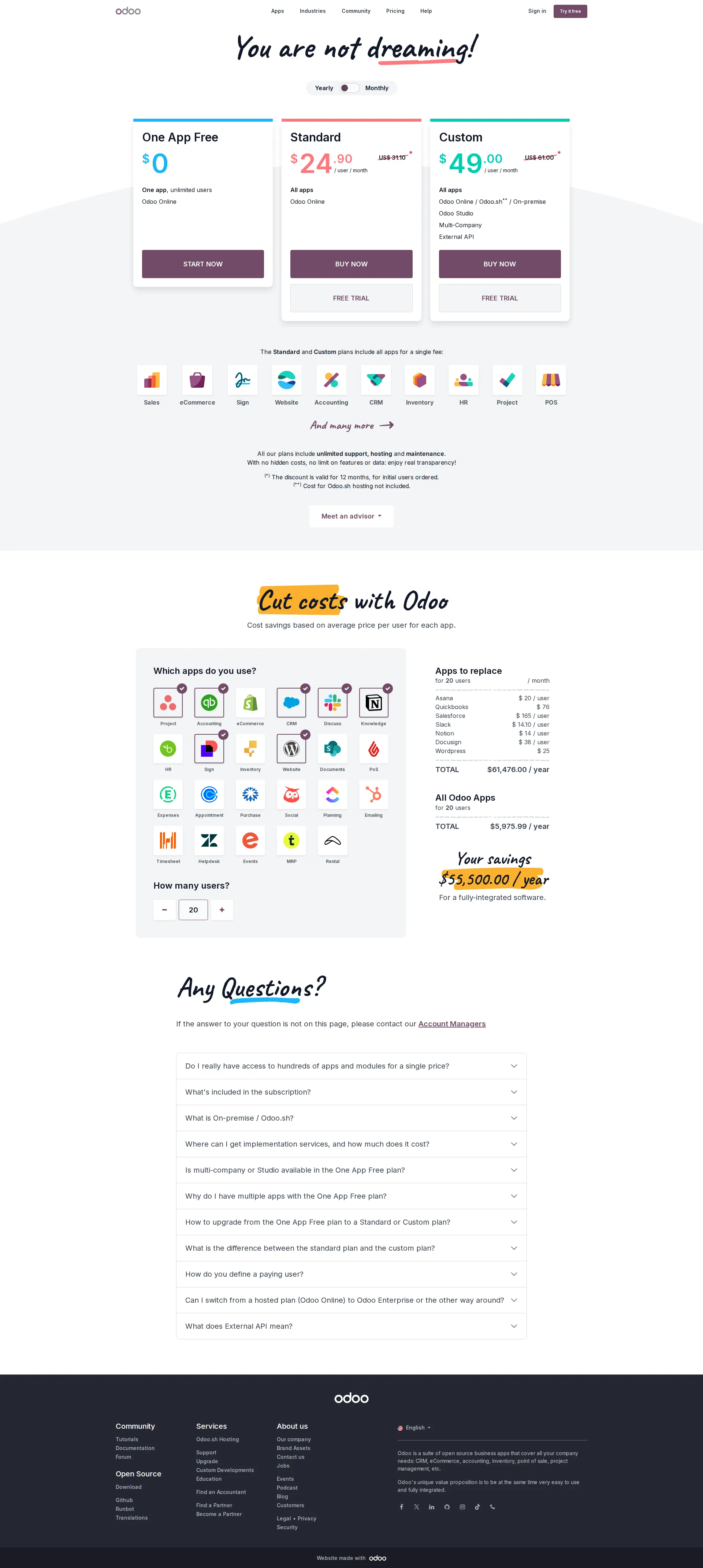 Odoo pricing page screenshot