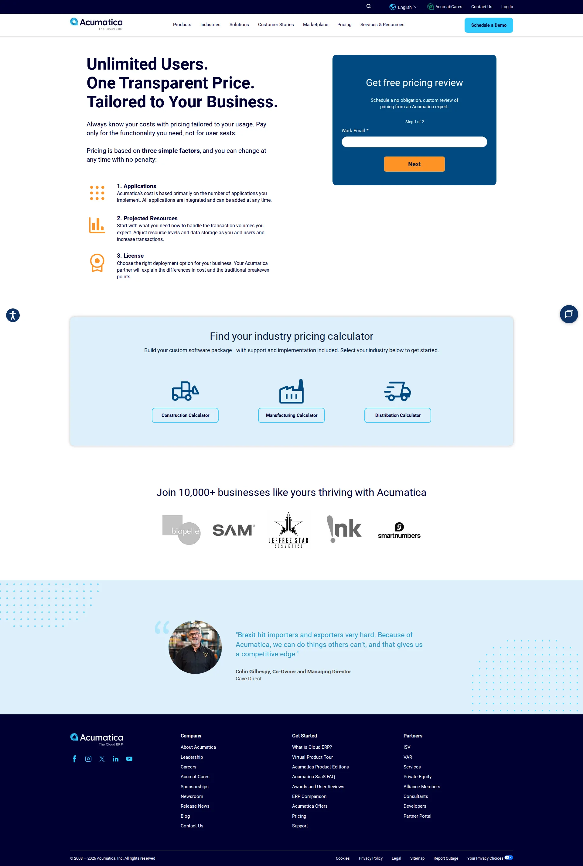 Acumatica pricing page screenshot
