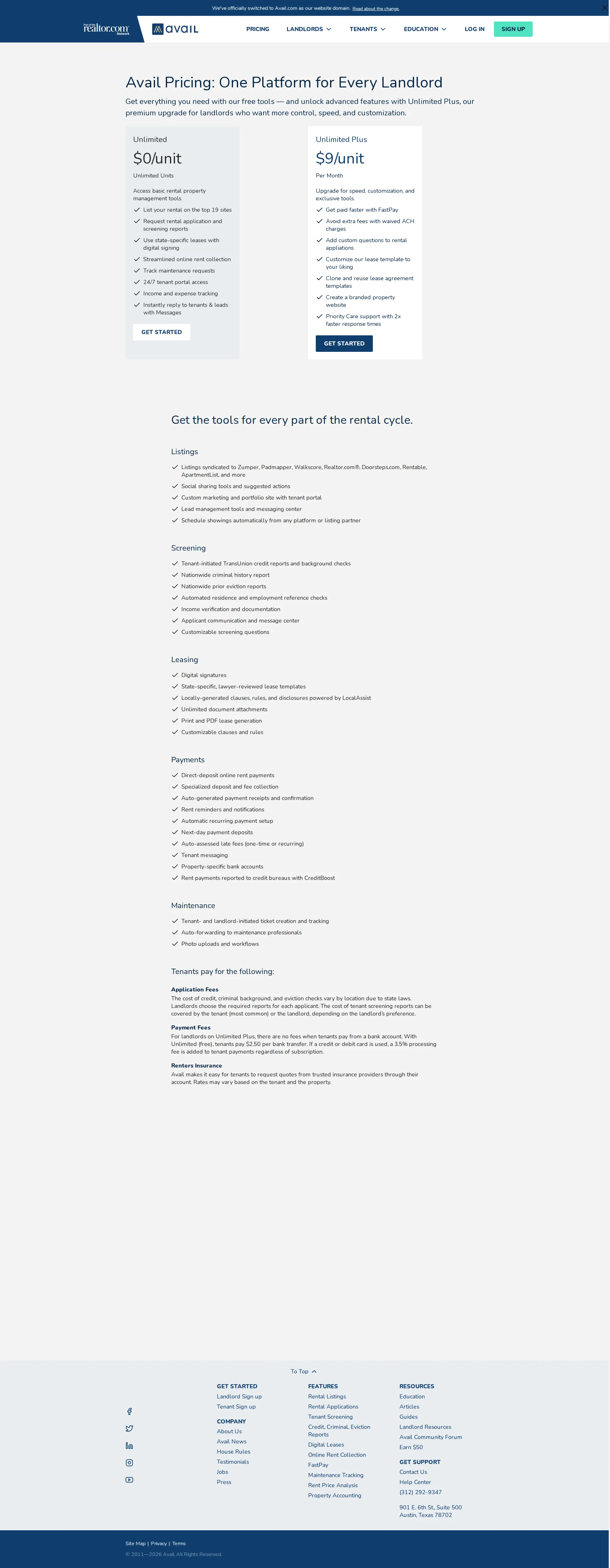 Avail pricing page screenshot