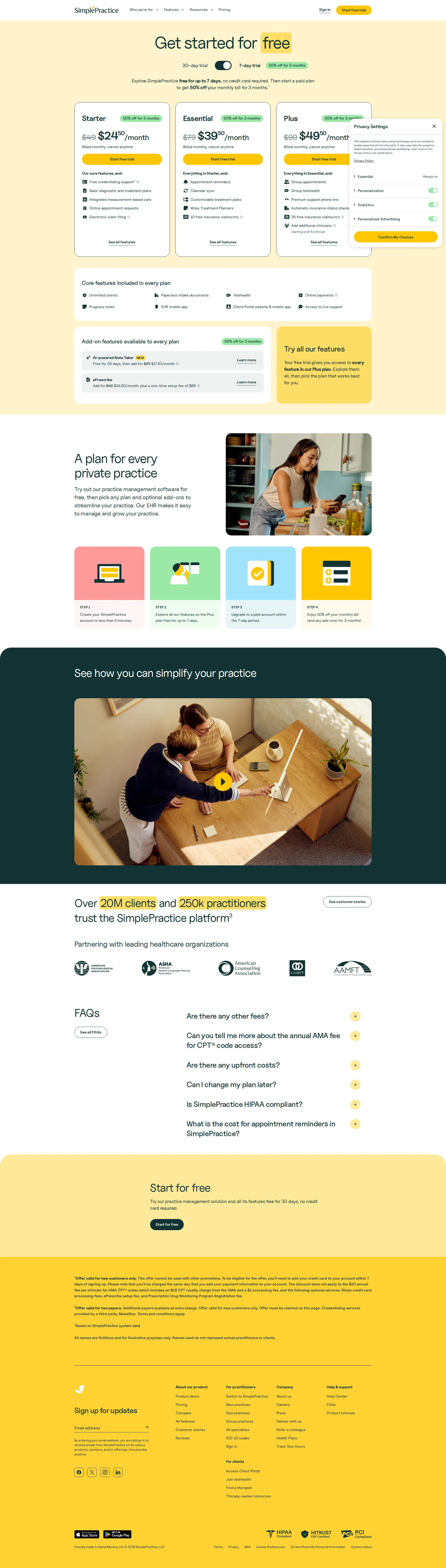 SimplePractice pricing page screenshot