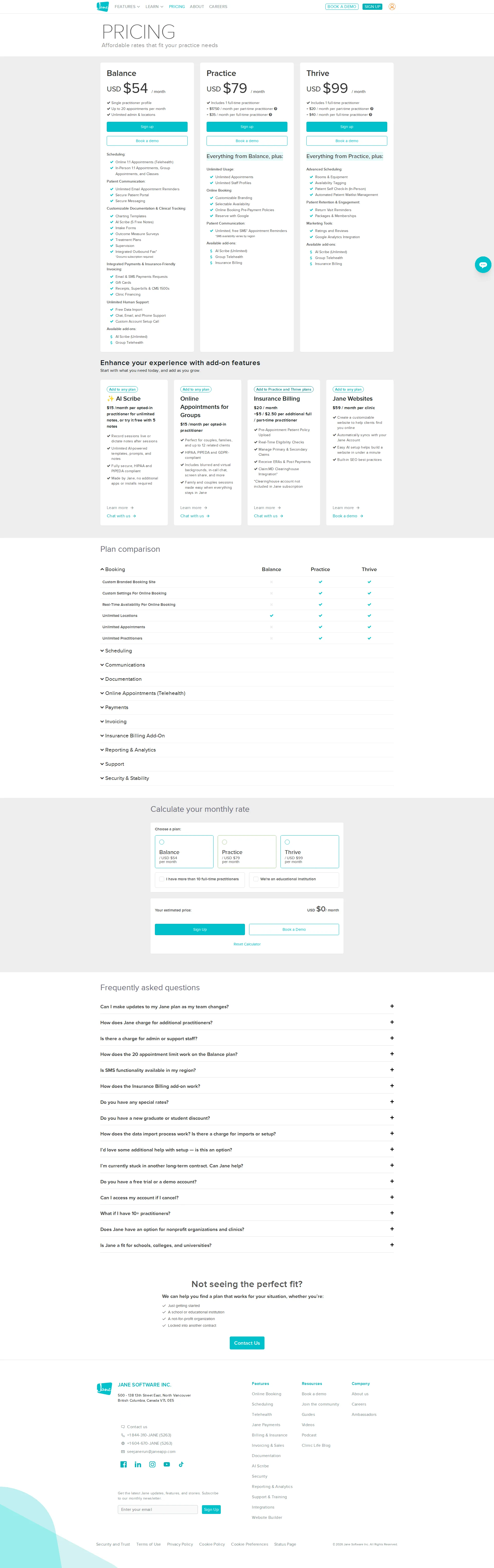 Jane App pricing page screenshot
