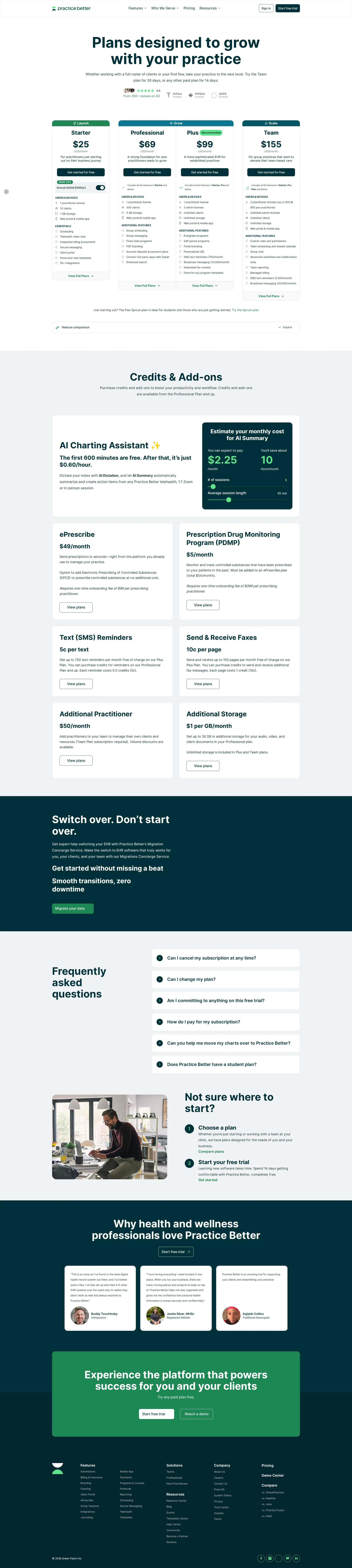 Practice Better pricing page screenshot