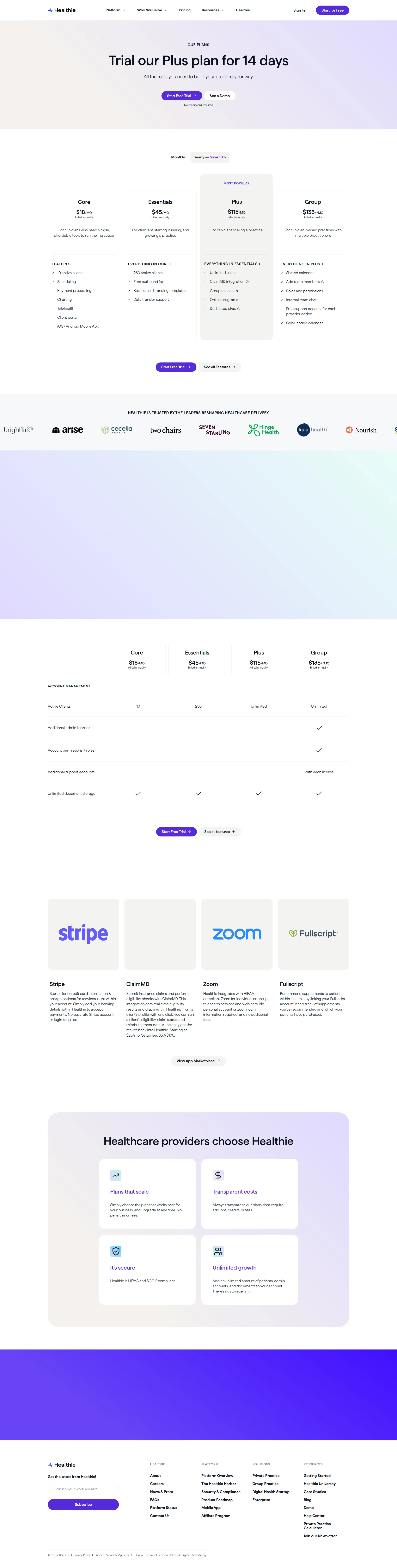 Healthie pricing page screenshot