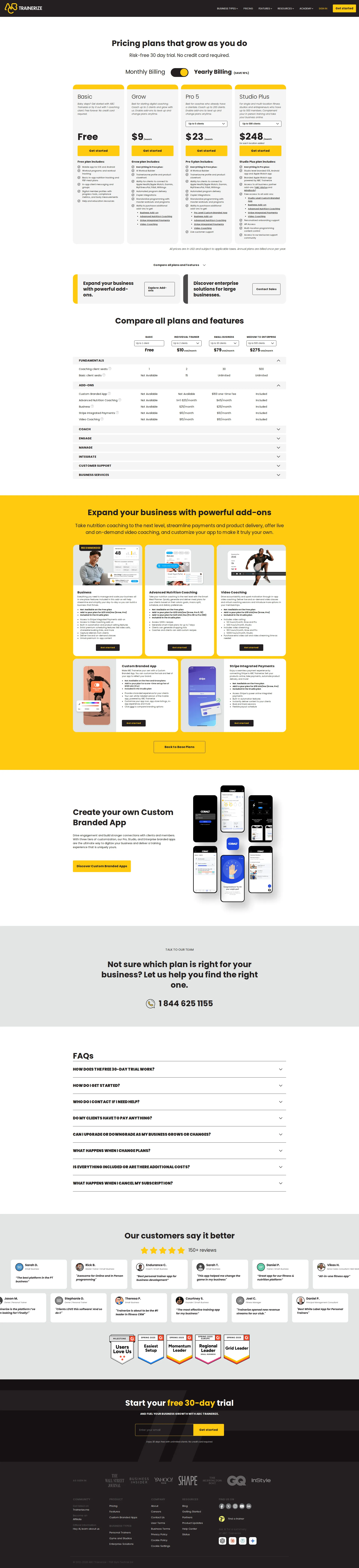 Trainerize pricing page screenshot