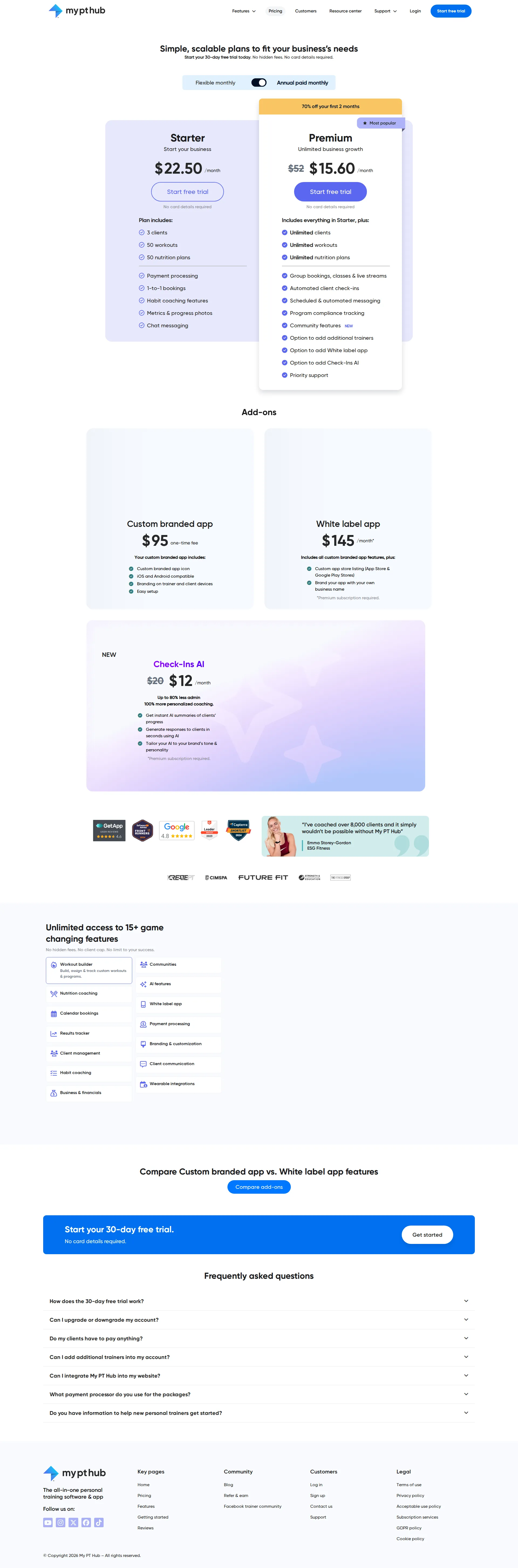 My PT Hub pricing page screenshot