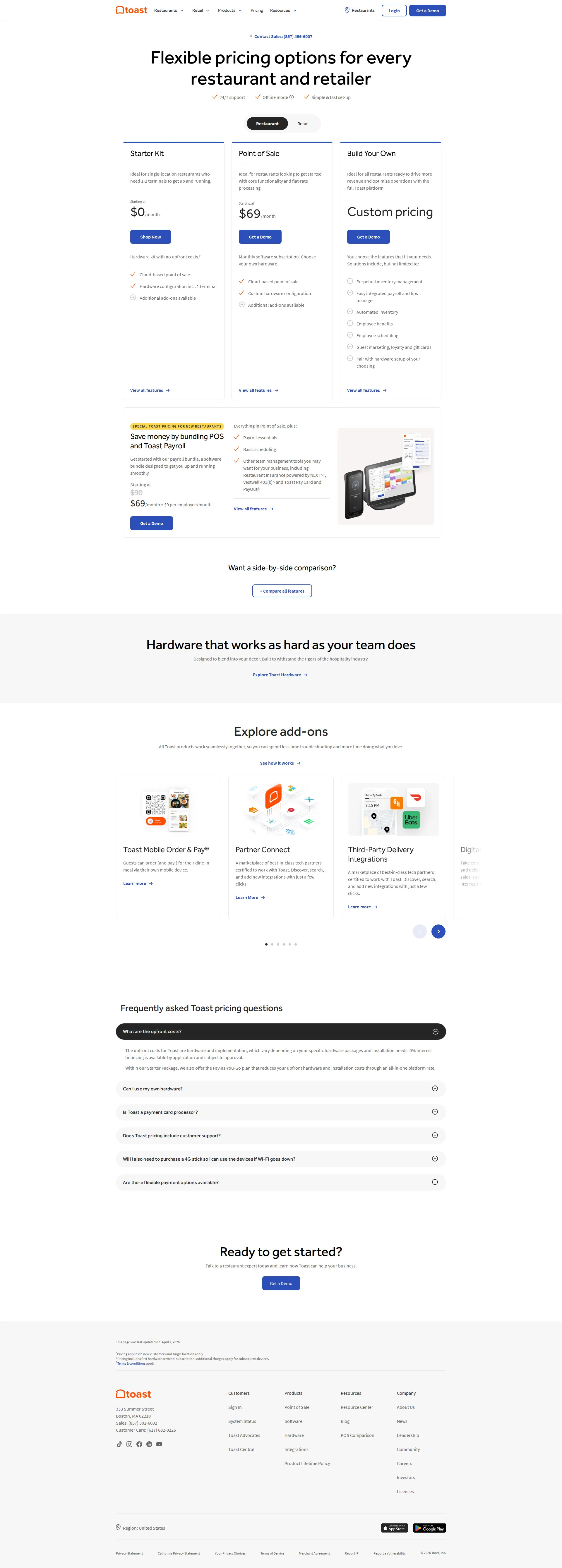 Toast pricing page screenshot