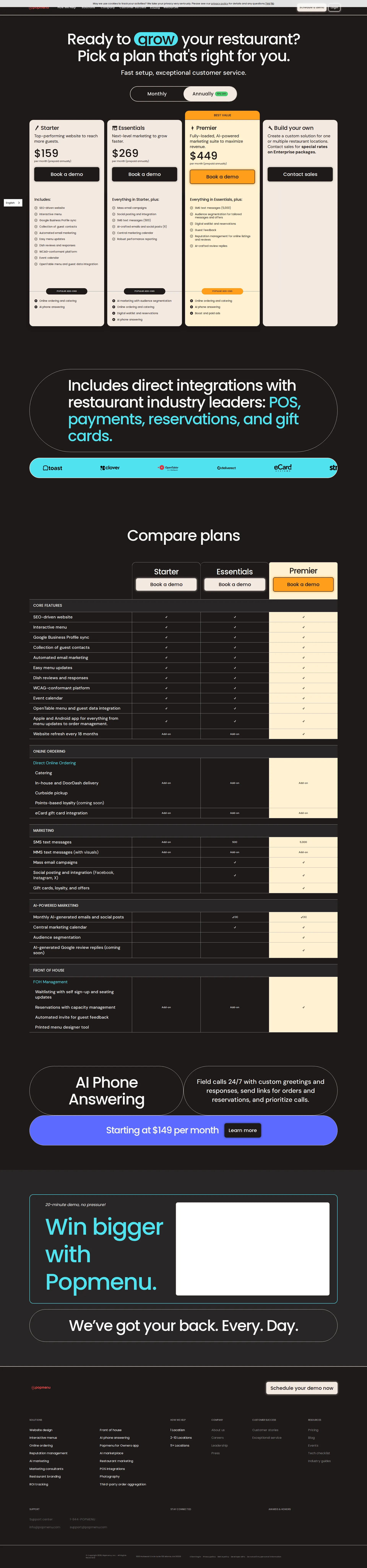 Popmenu pricing page screenshot