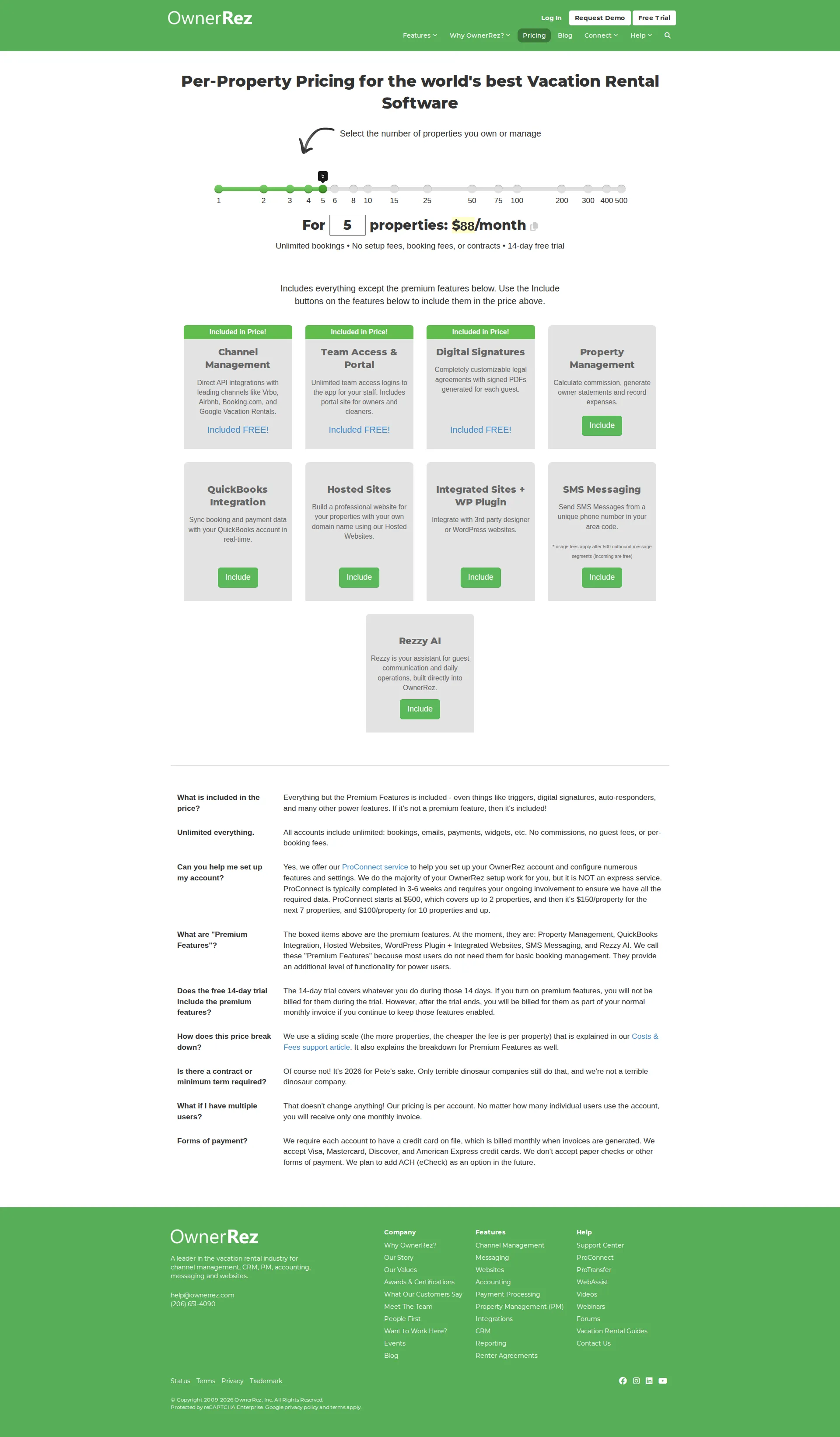 OwnerRez pricing page screenshot