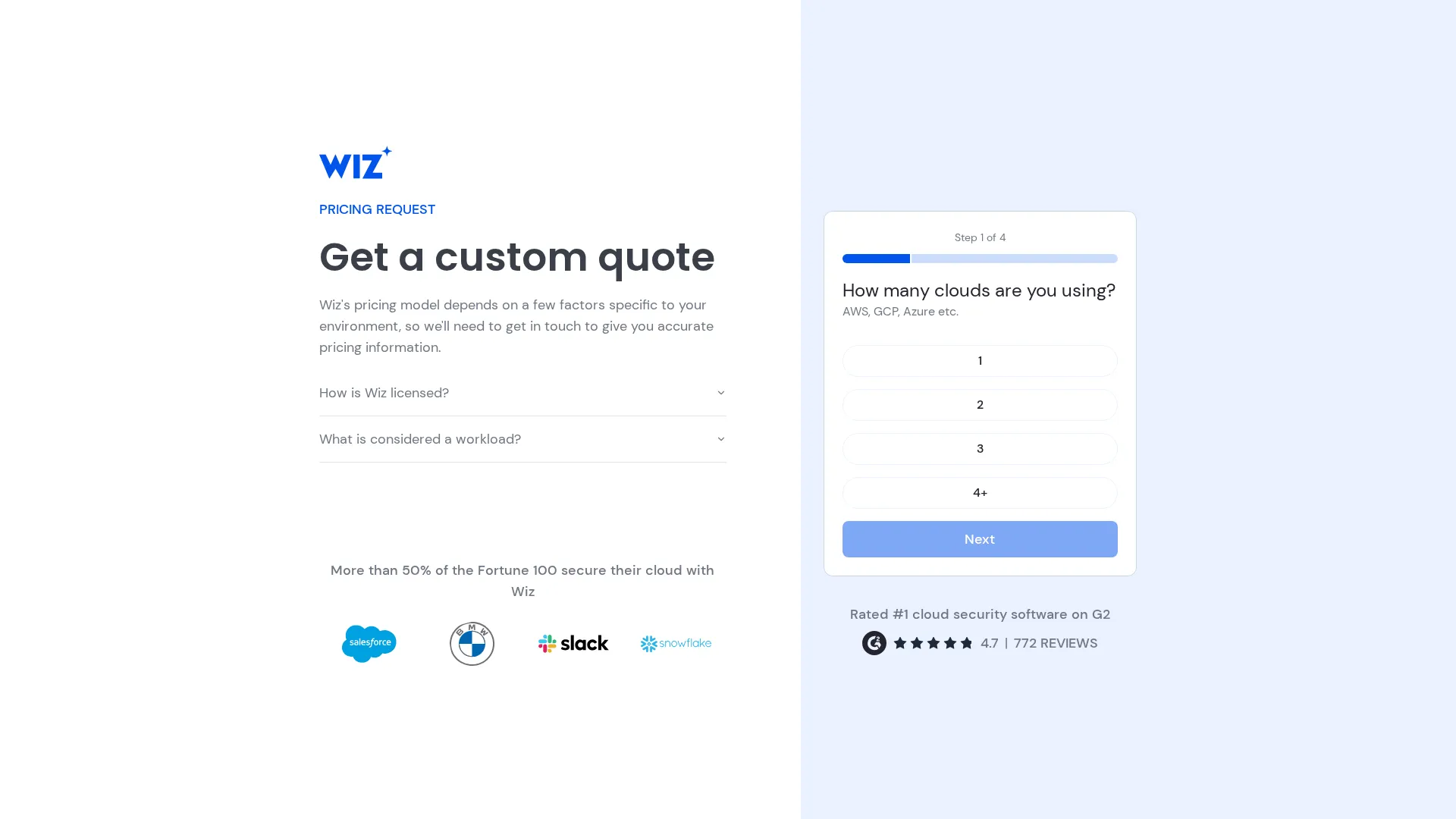 Wiz pricing page screenshot