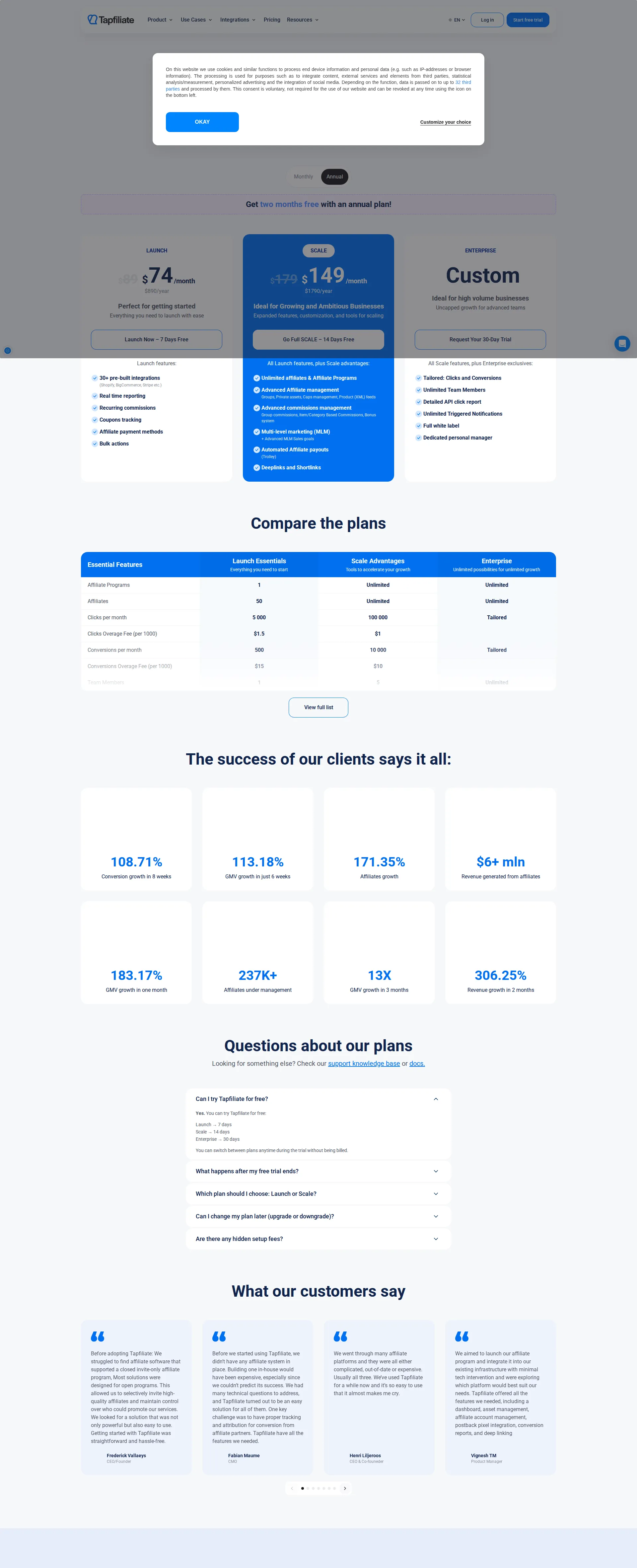 Tapfiliate pricing page screenshot