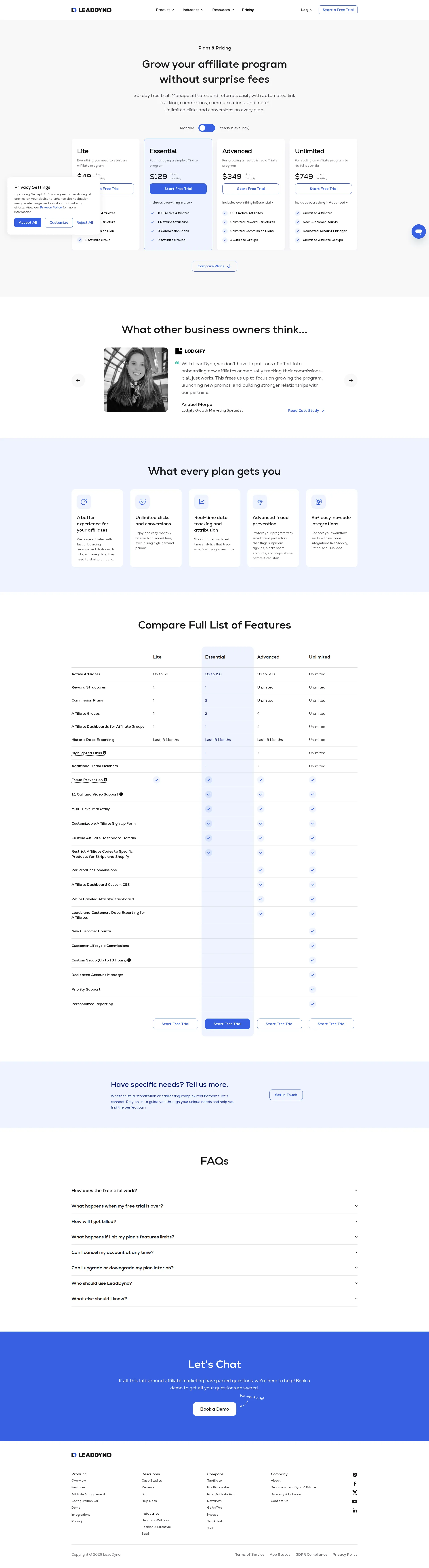 LeadDyno pricing page screenshot