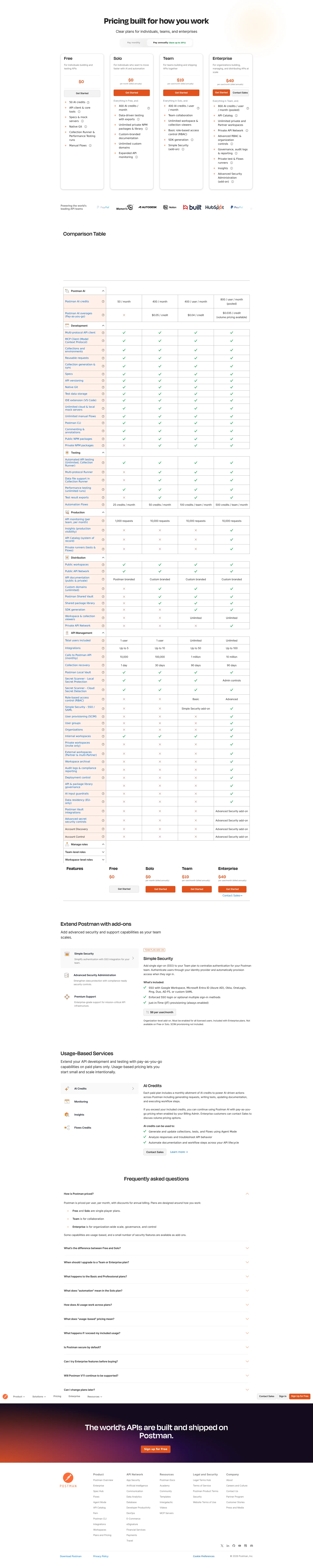 Postman pricing page screenshot