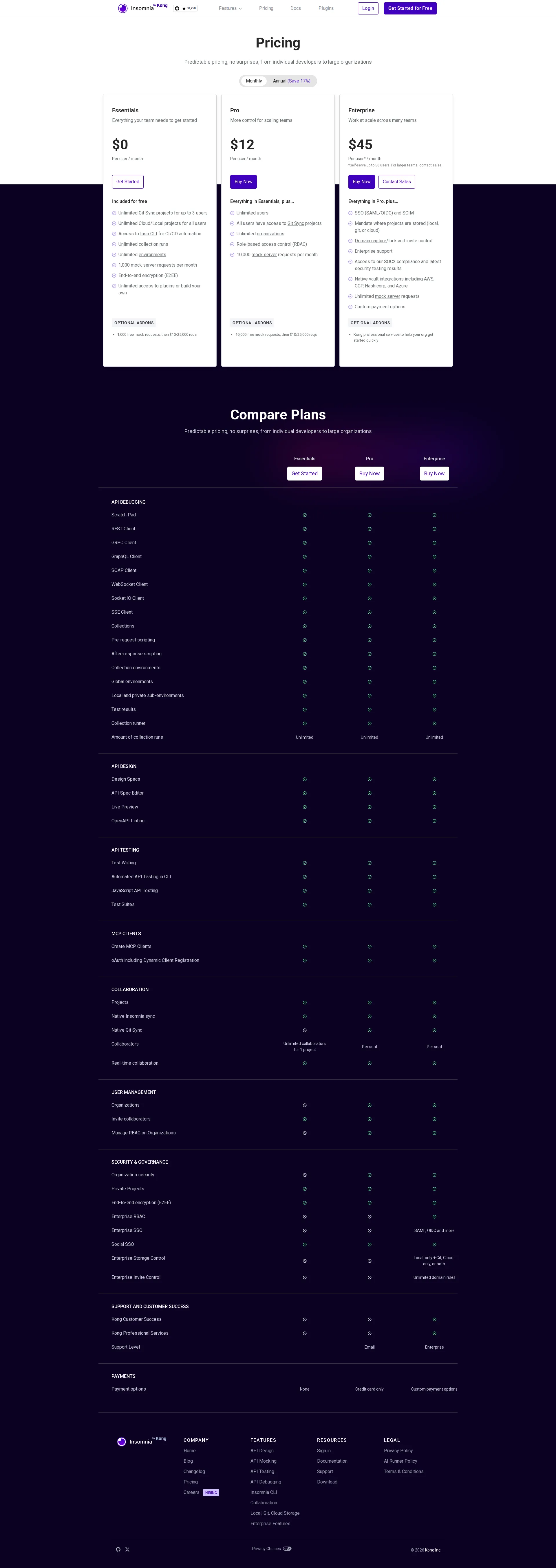 Insomnia pricing page screenshot