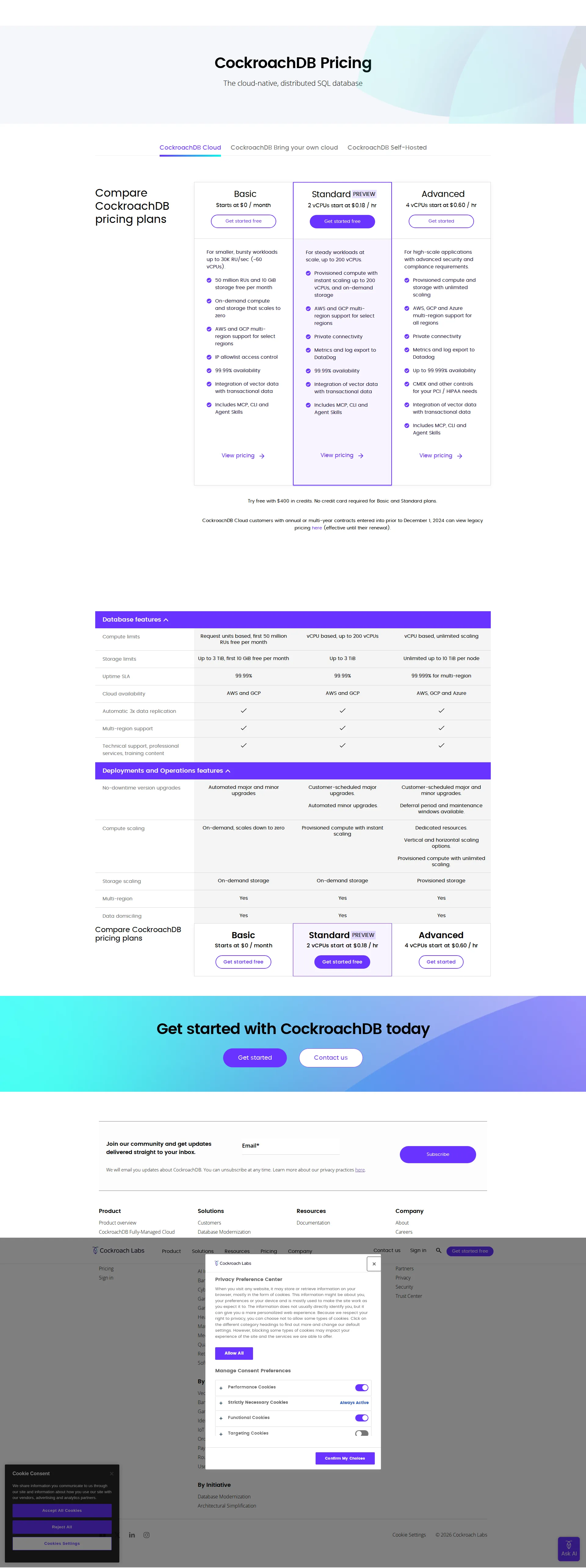 CockroachDB pricing page screenshot