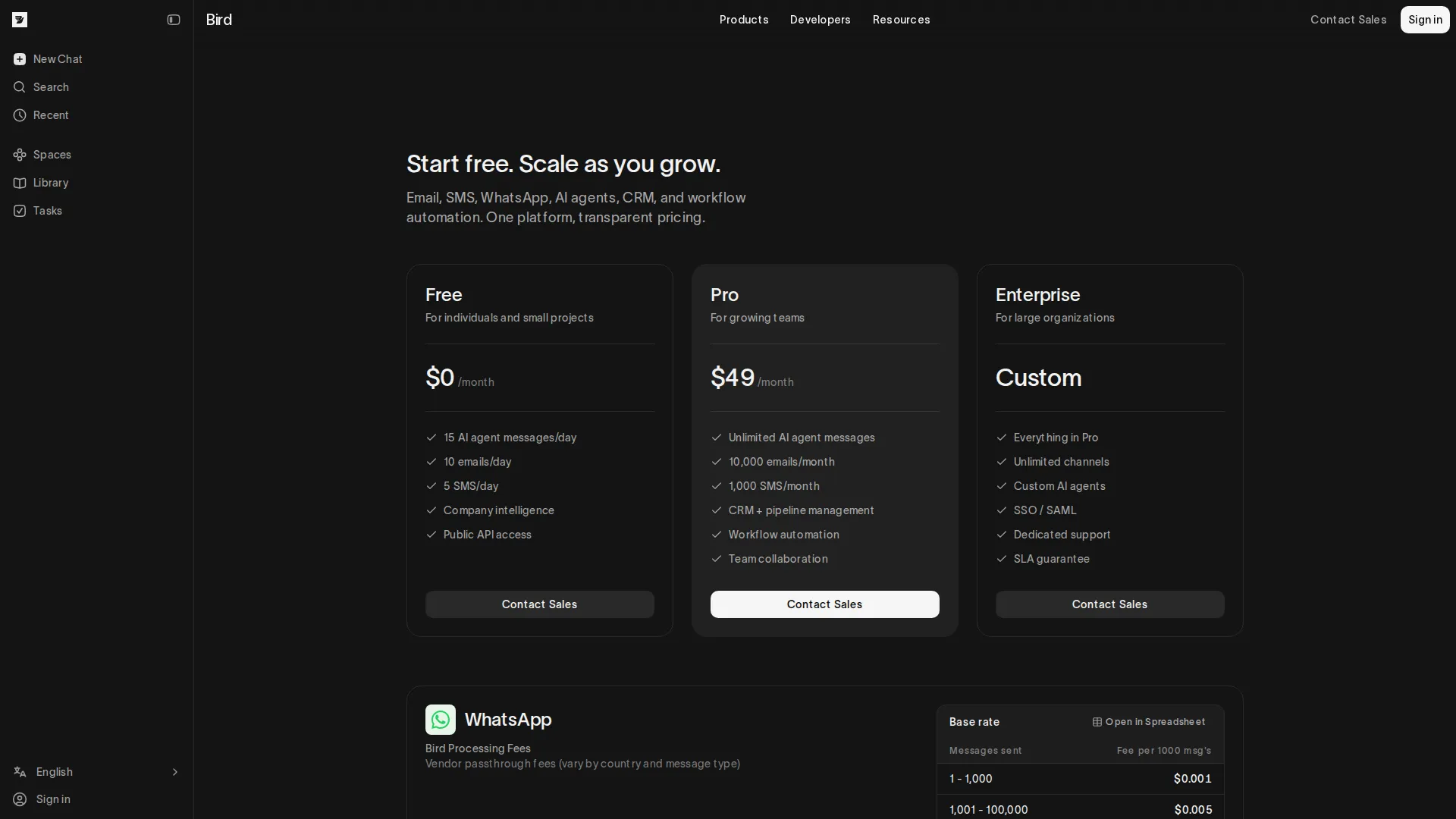 MessageBird pricing page screenshot