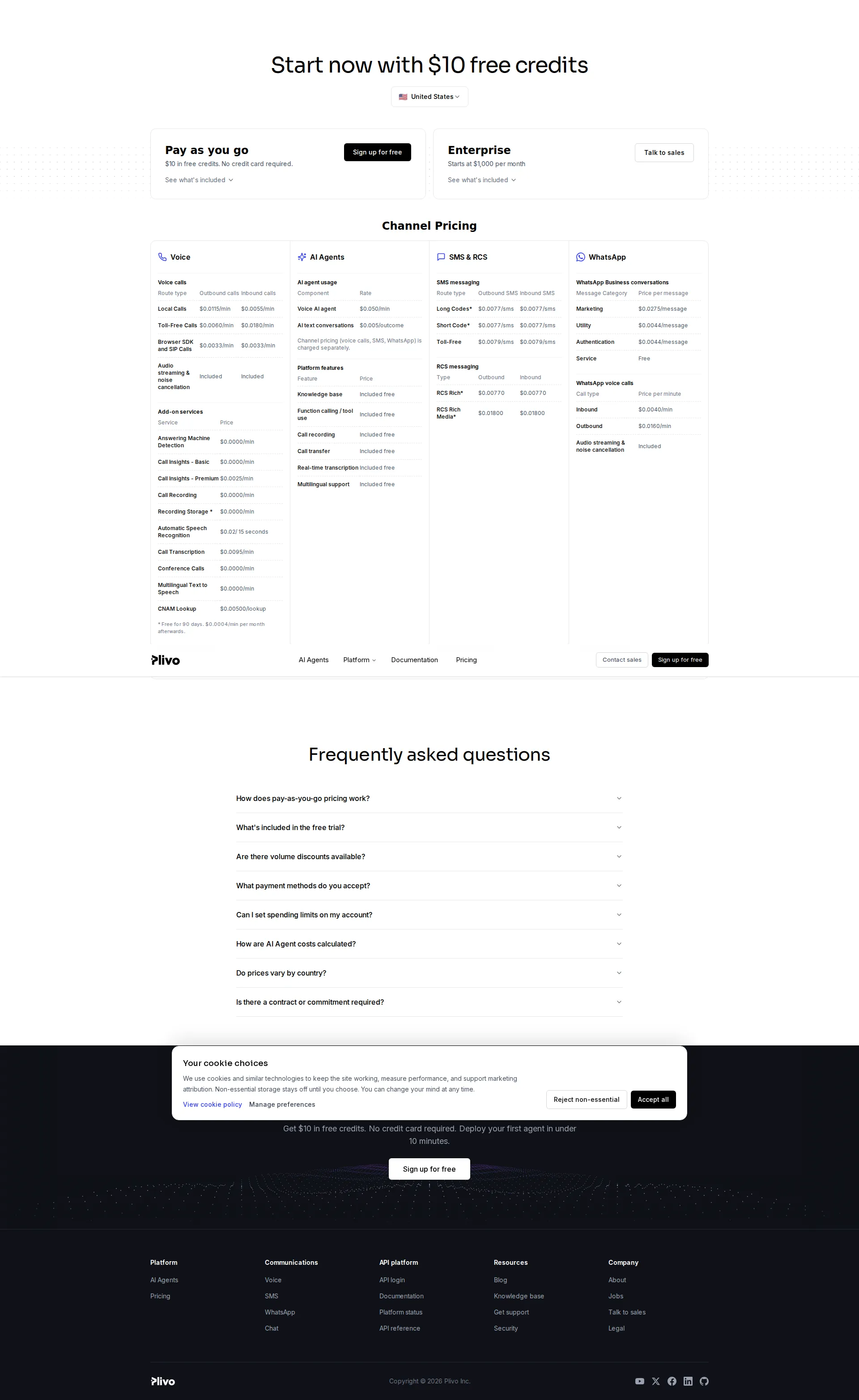 Plivo pricing page screenshot
