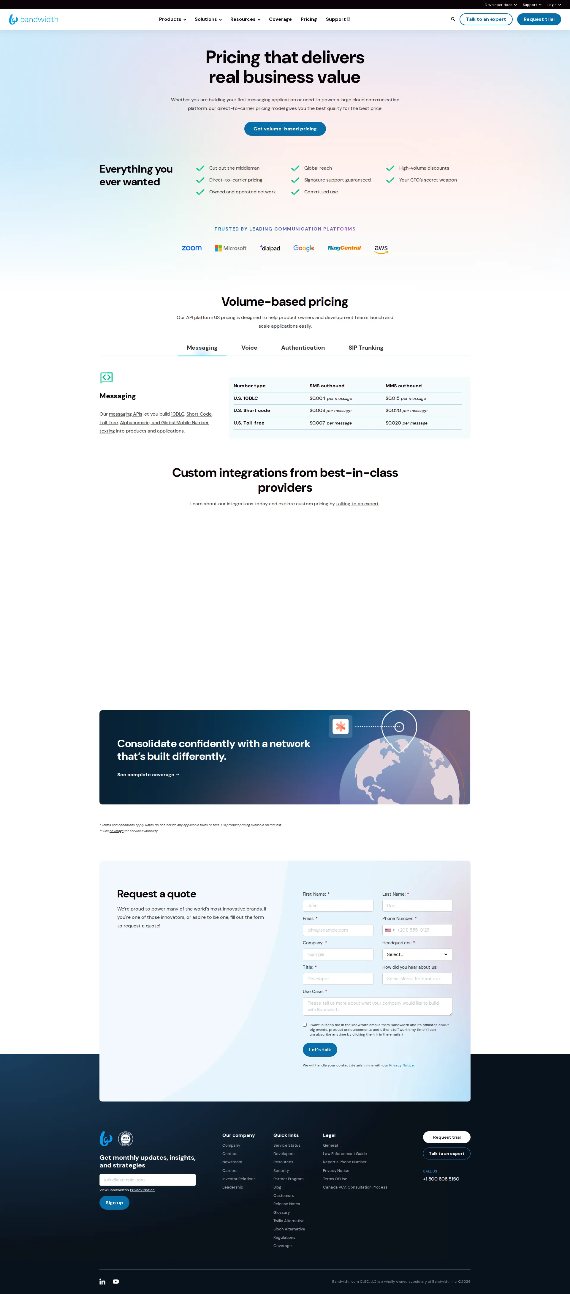 Bandwidth pricing page screenshot