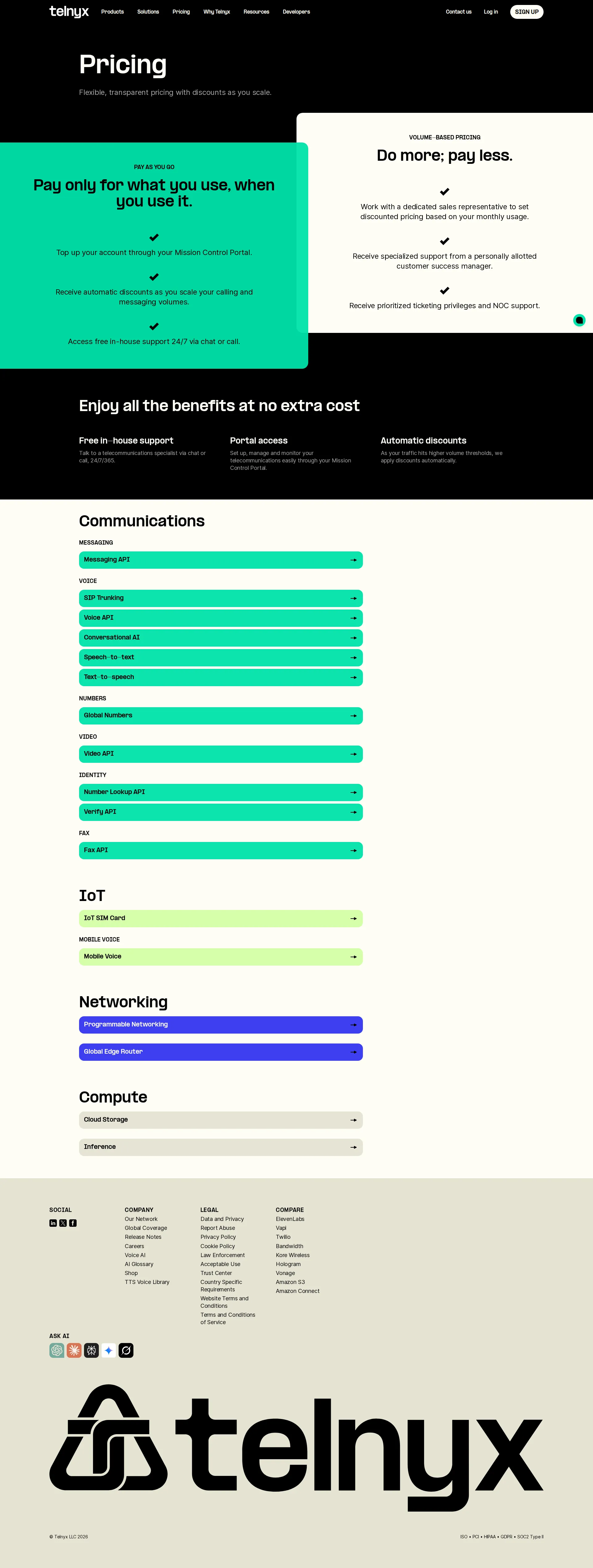 Telnyx pricing page screenshot