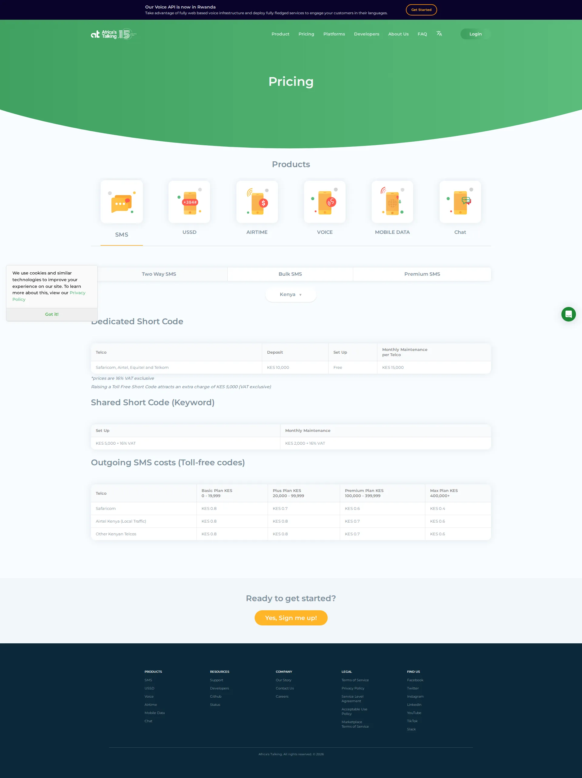 Africa's Talking pricing page screenshot