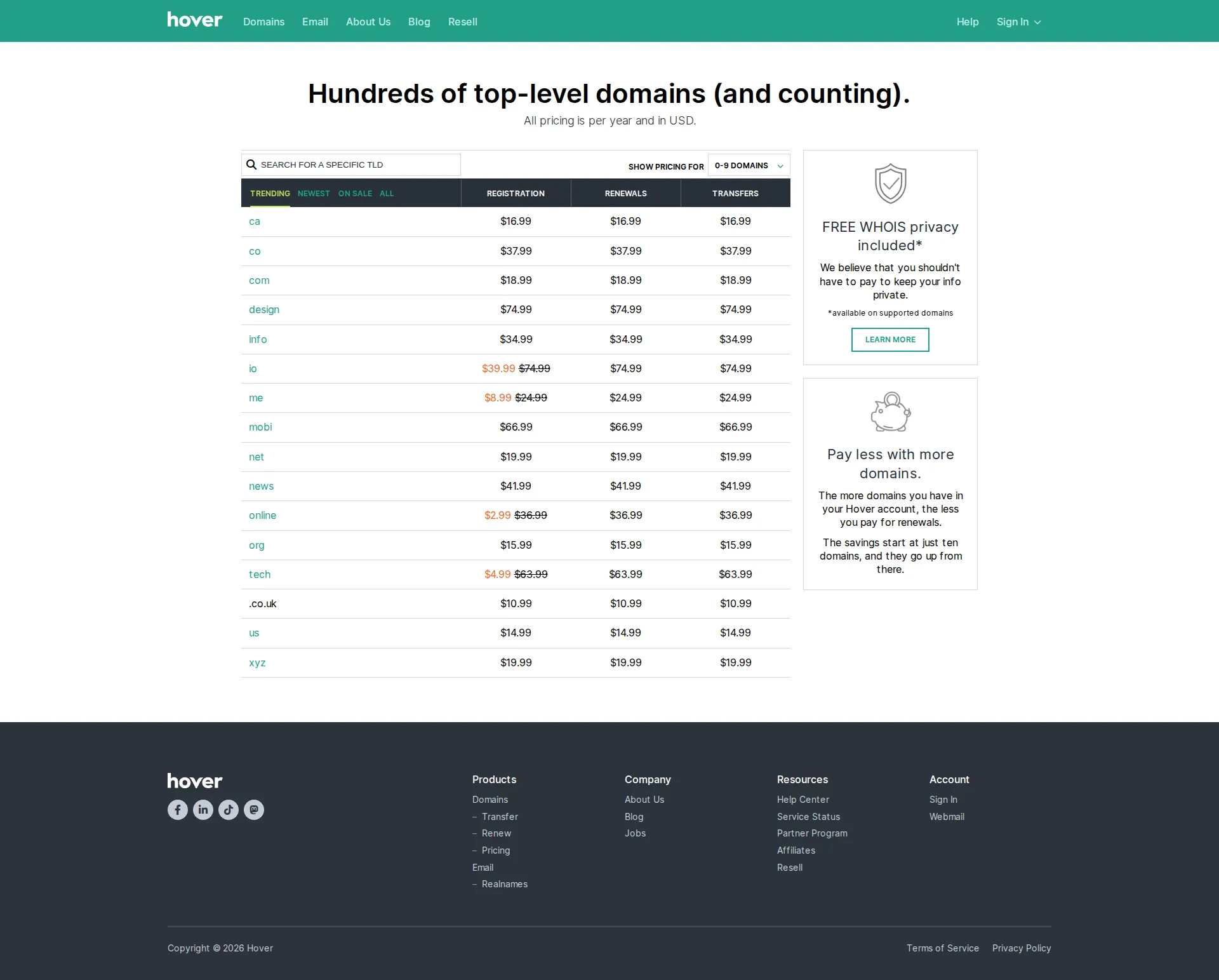 Hover pricing page screenshot