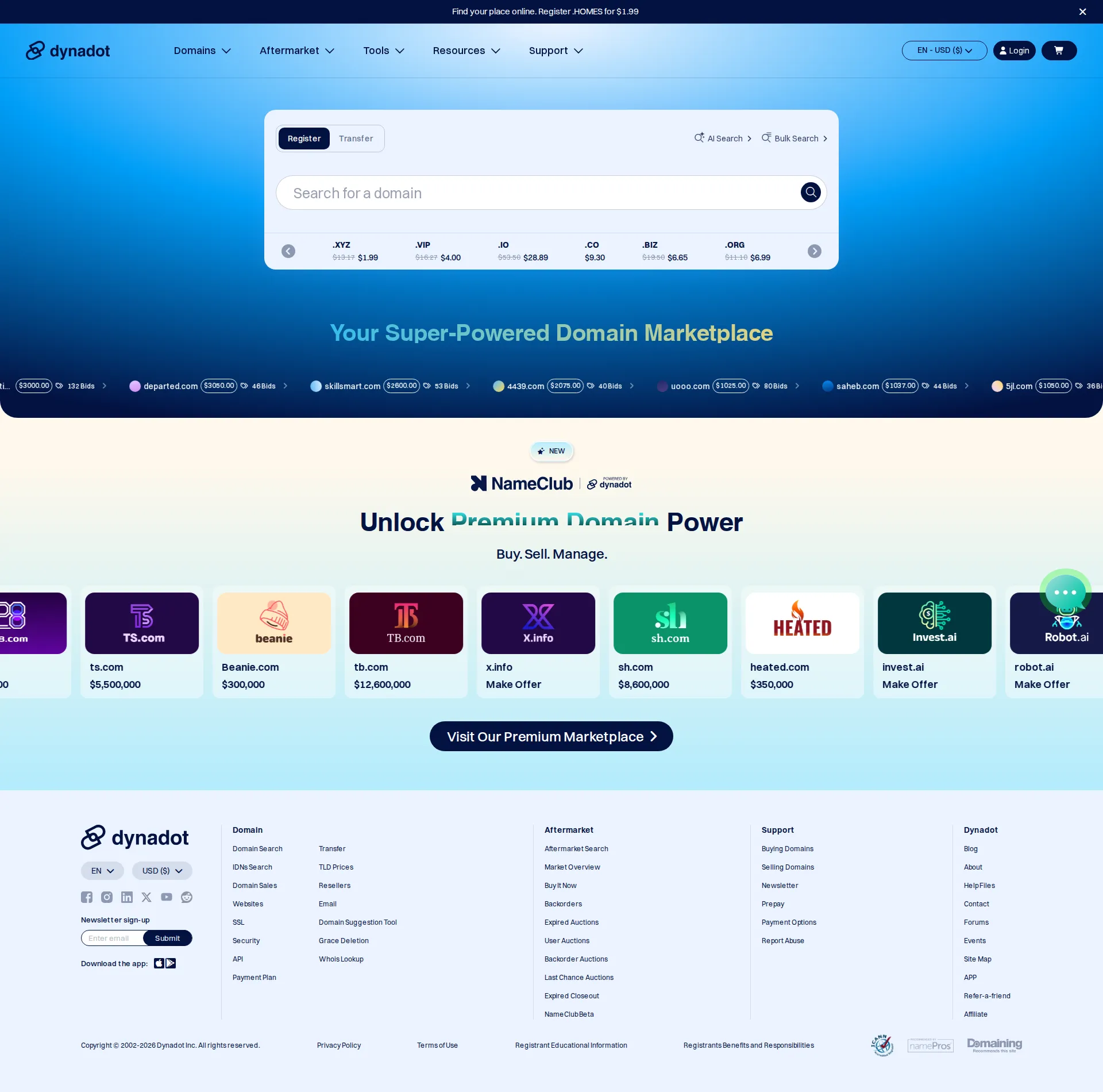 Dynadot pricing page screenshot
