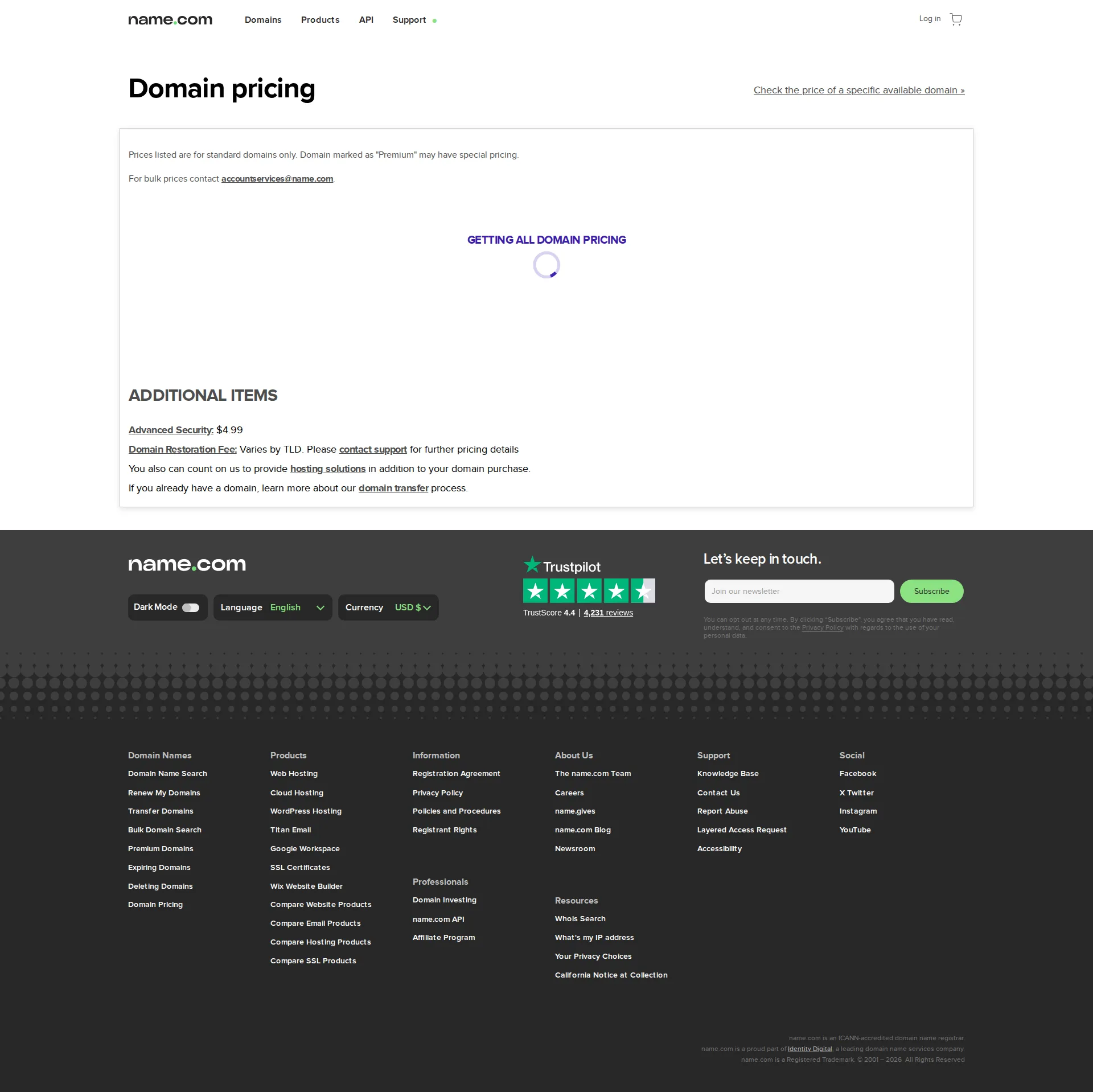 Name.com pricing page screenshot