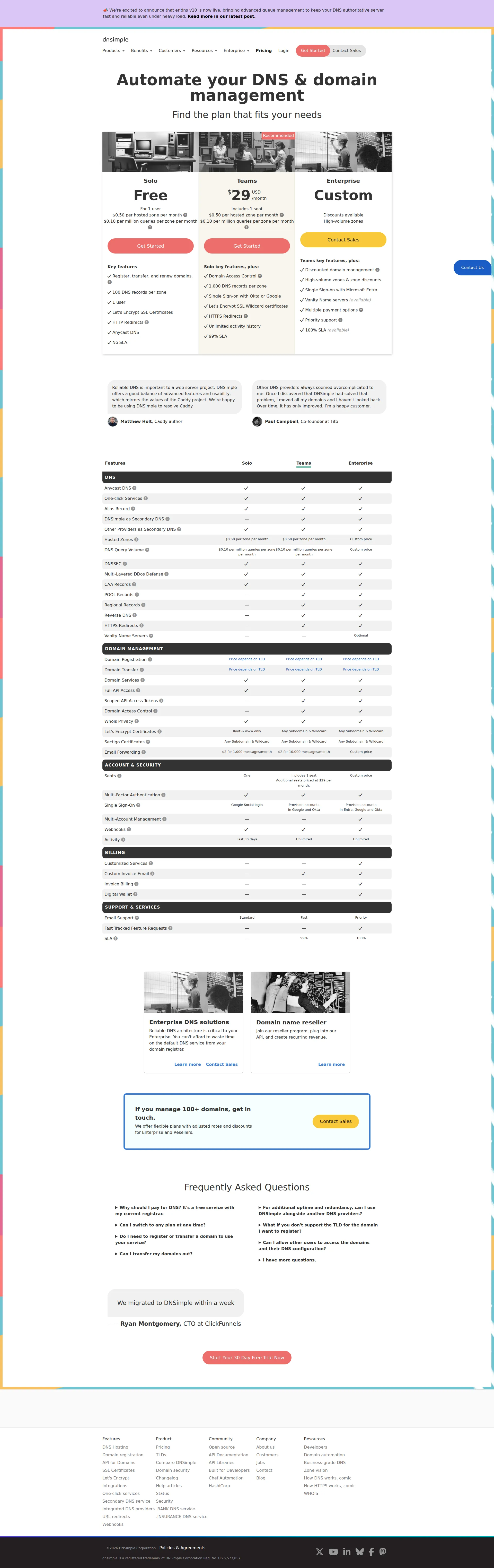 DNSimple pricing page screenshot