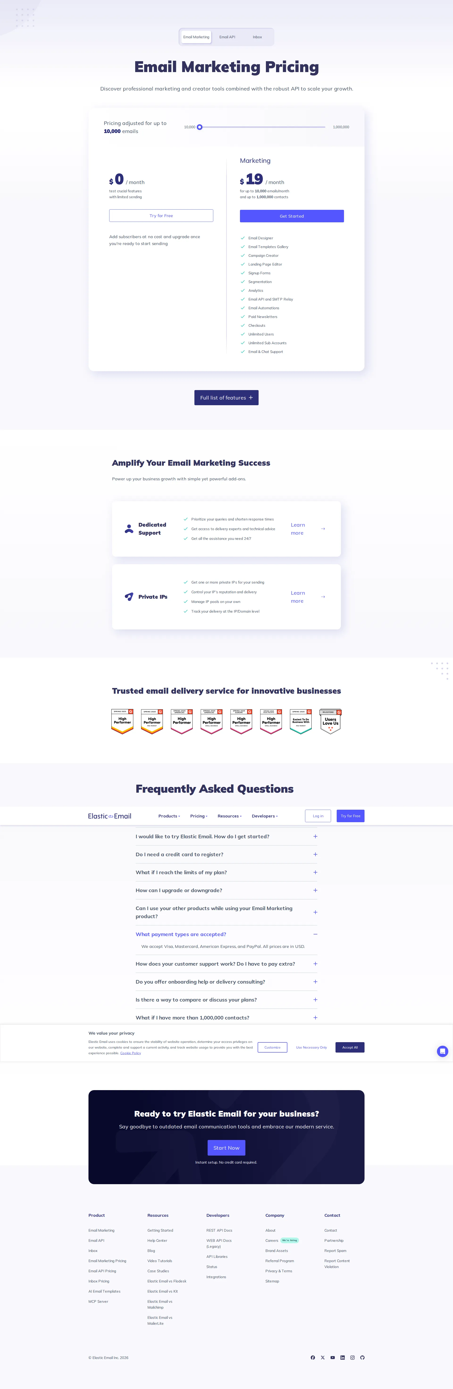 Elastic Email pricing page screenshot