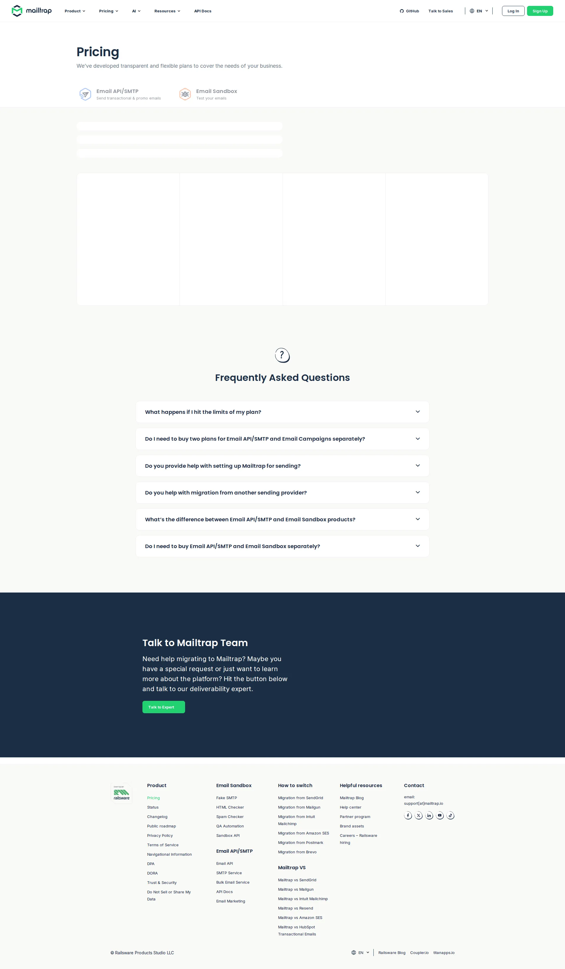 Mailtrap pricing page screenshot