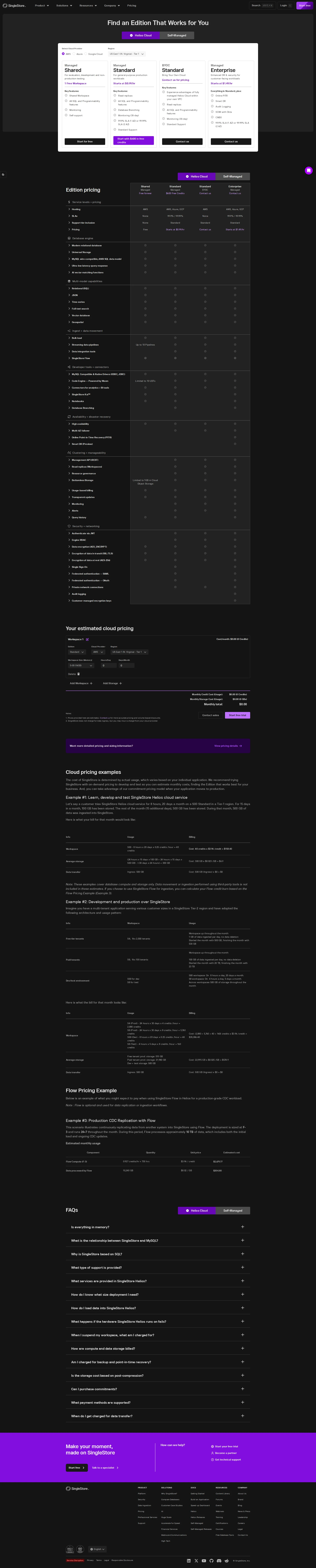 SingleStore pricing page screenshot