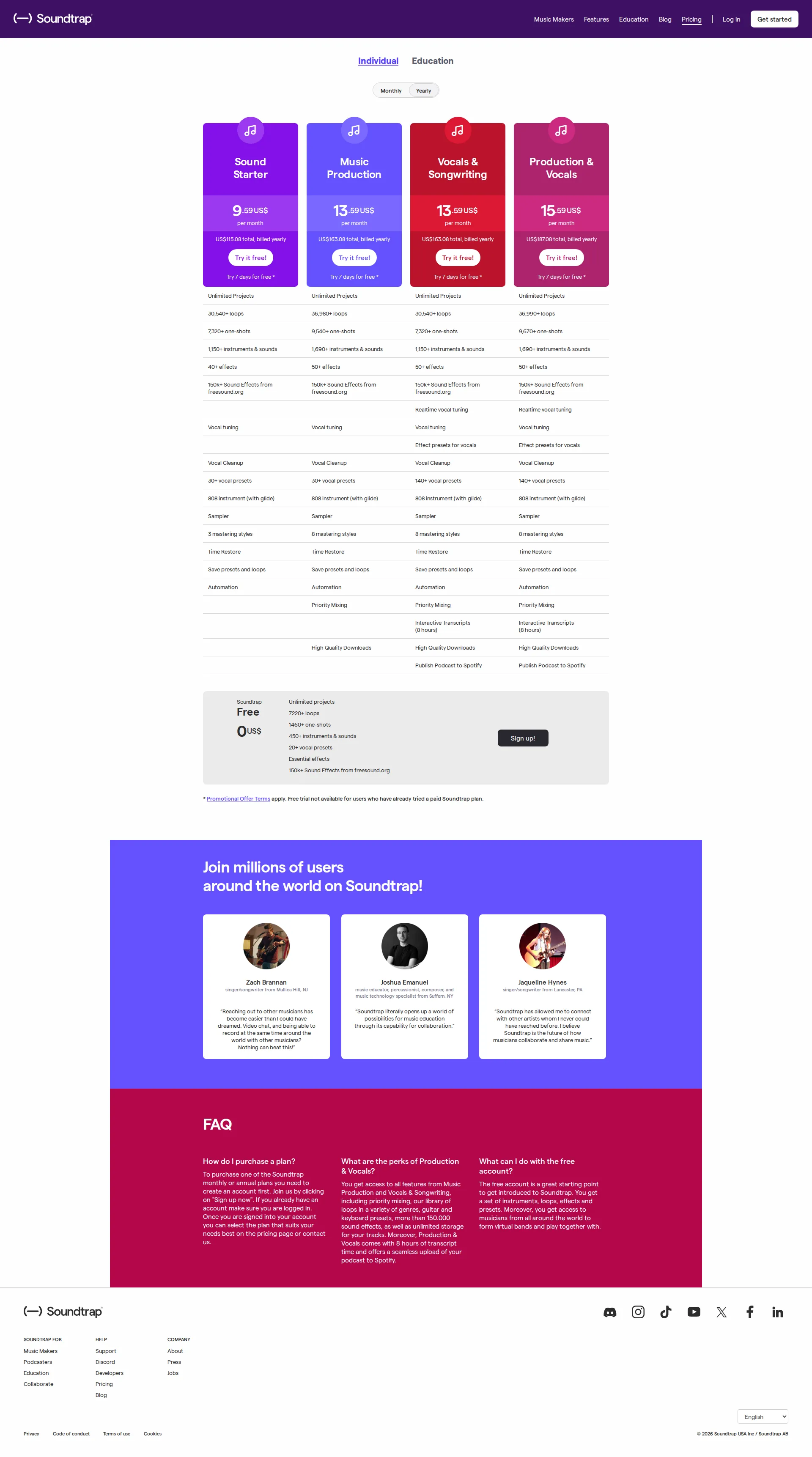 Soundtrap pricing page screenshot