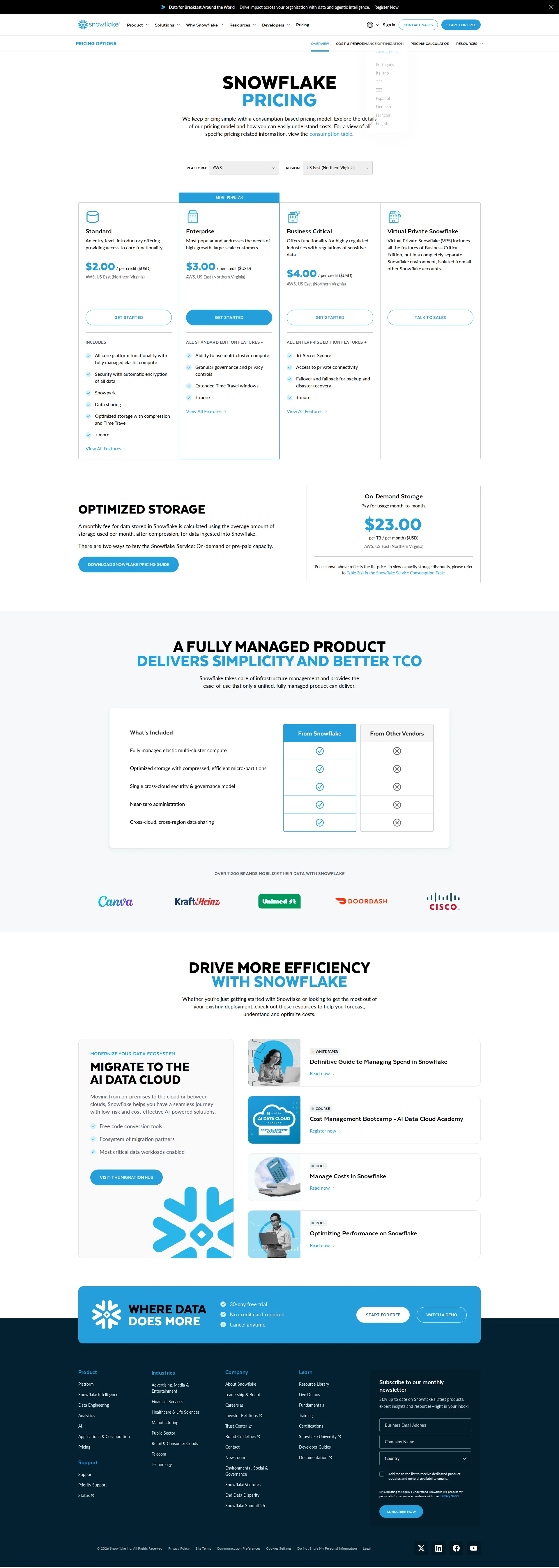 Snowflake pricing page screenshot