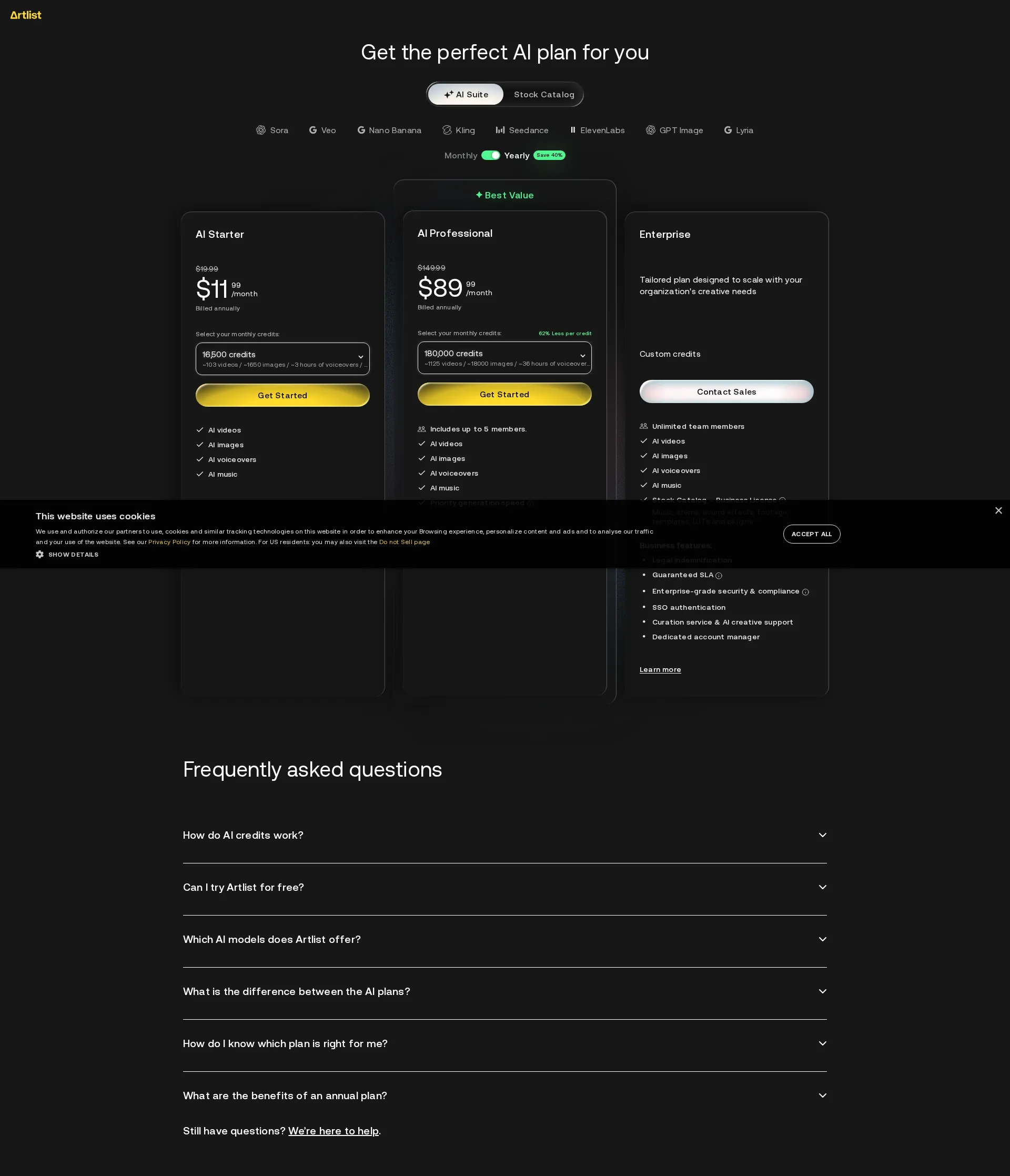 Artlist pricing page screenshot
