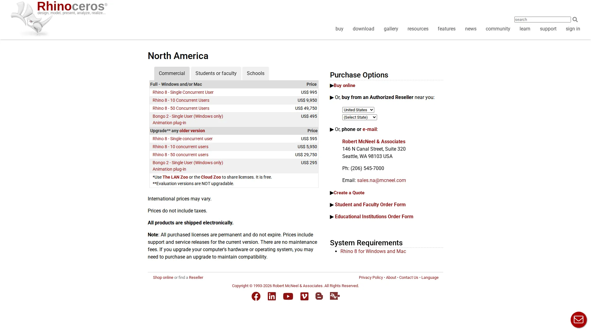 Rhino3D pricing page screenshot