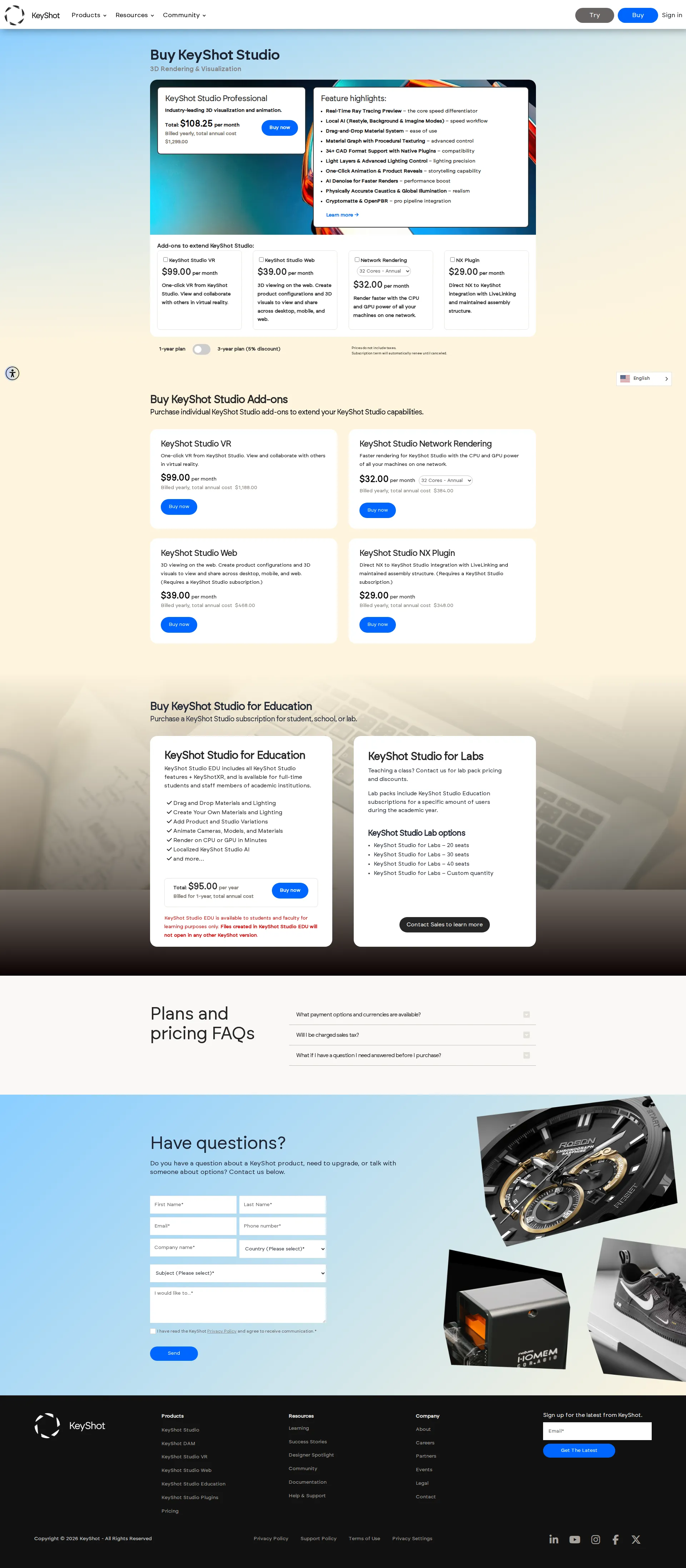 KeyShot pricing page screenshot