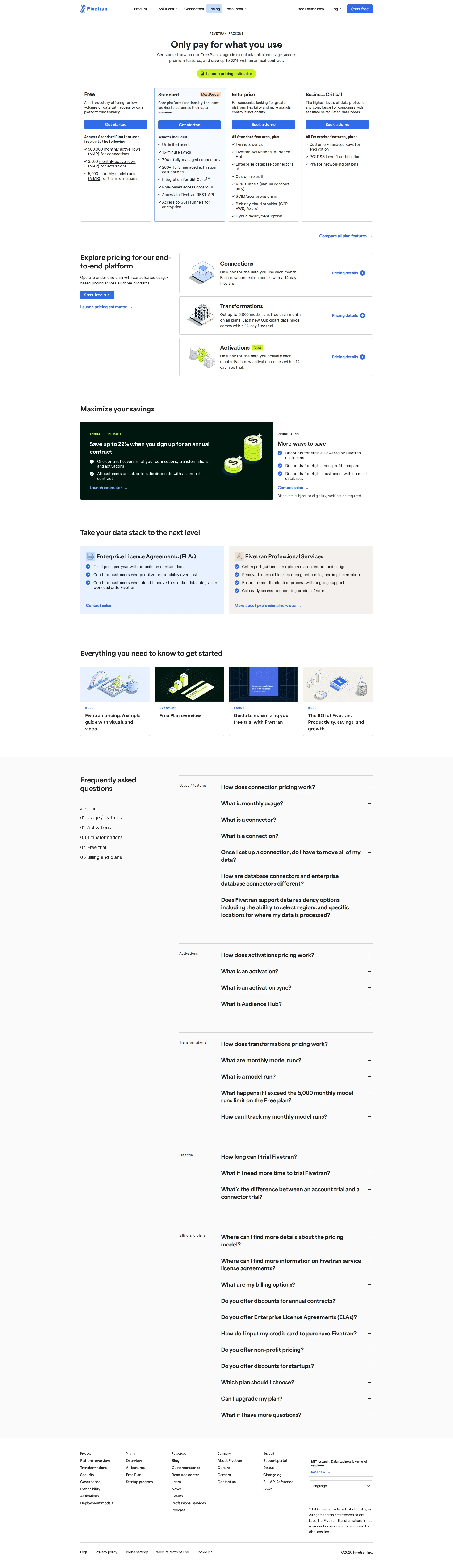 Fivetran pricing page screenshot