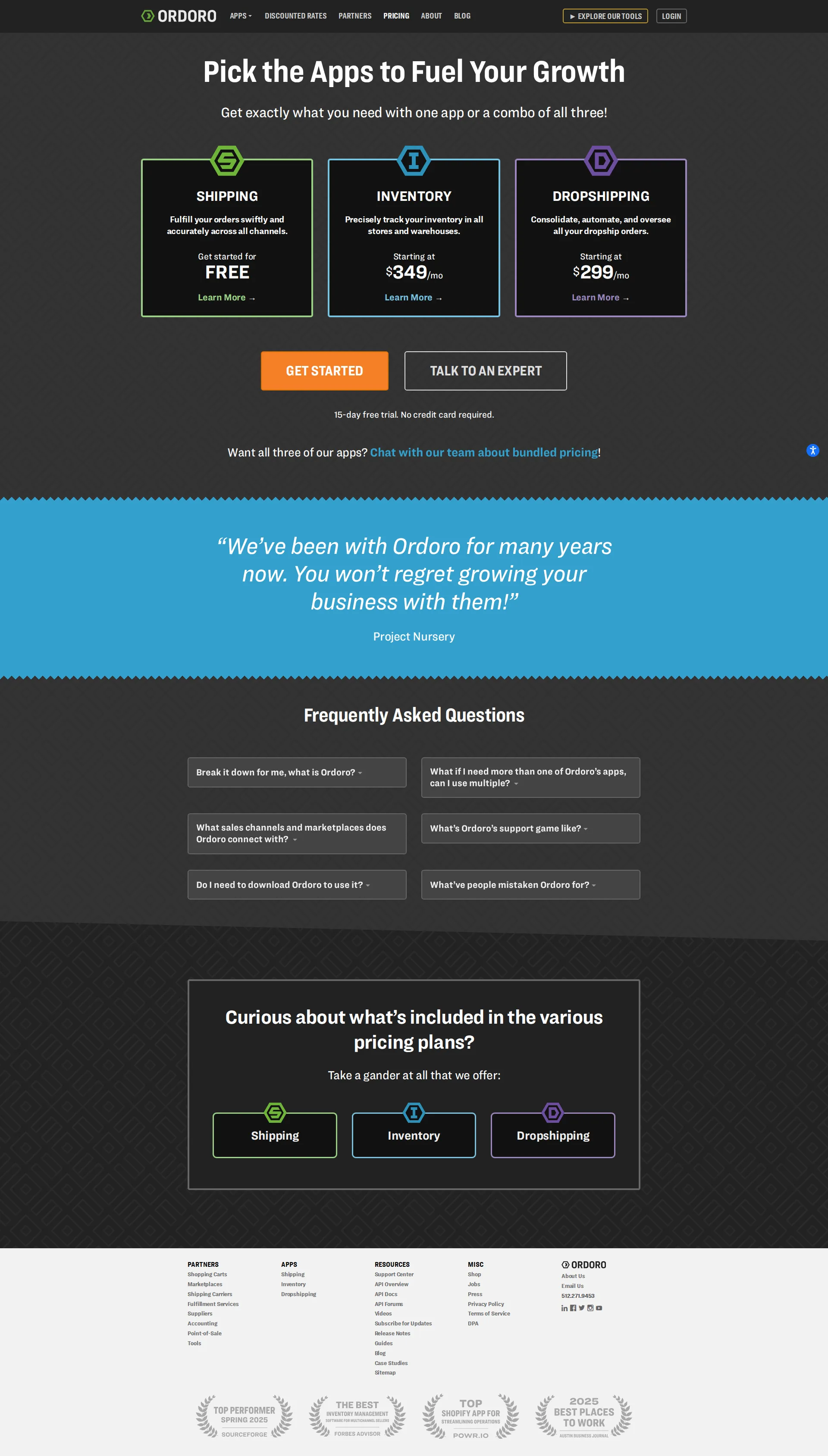 Ordoro pricing page screenshot
