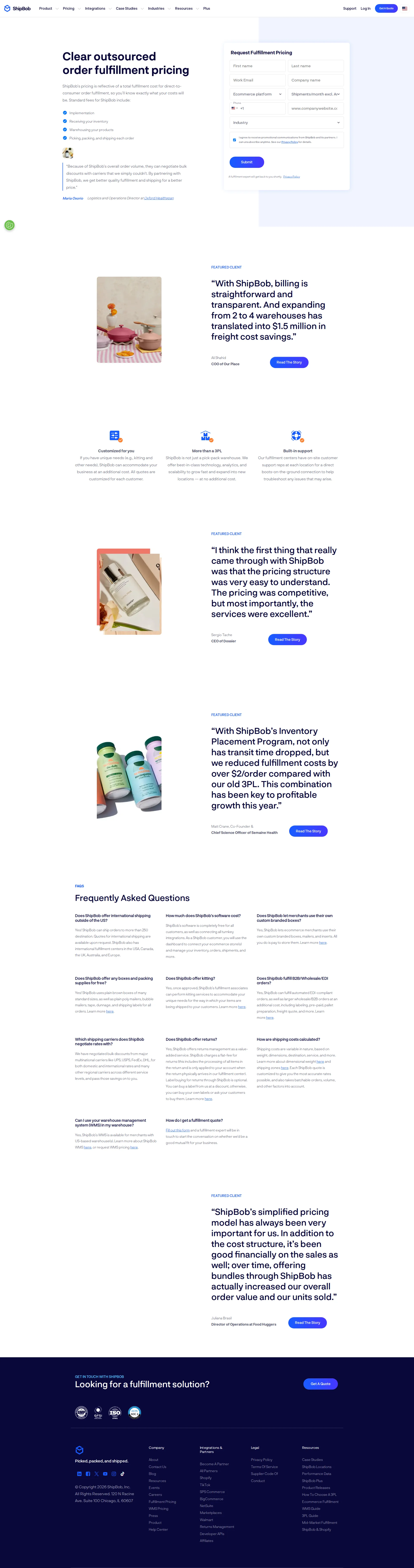 ShipBob pricing page screenshot